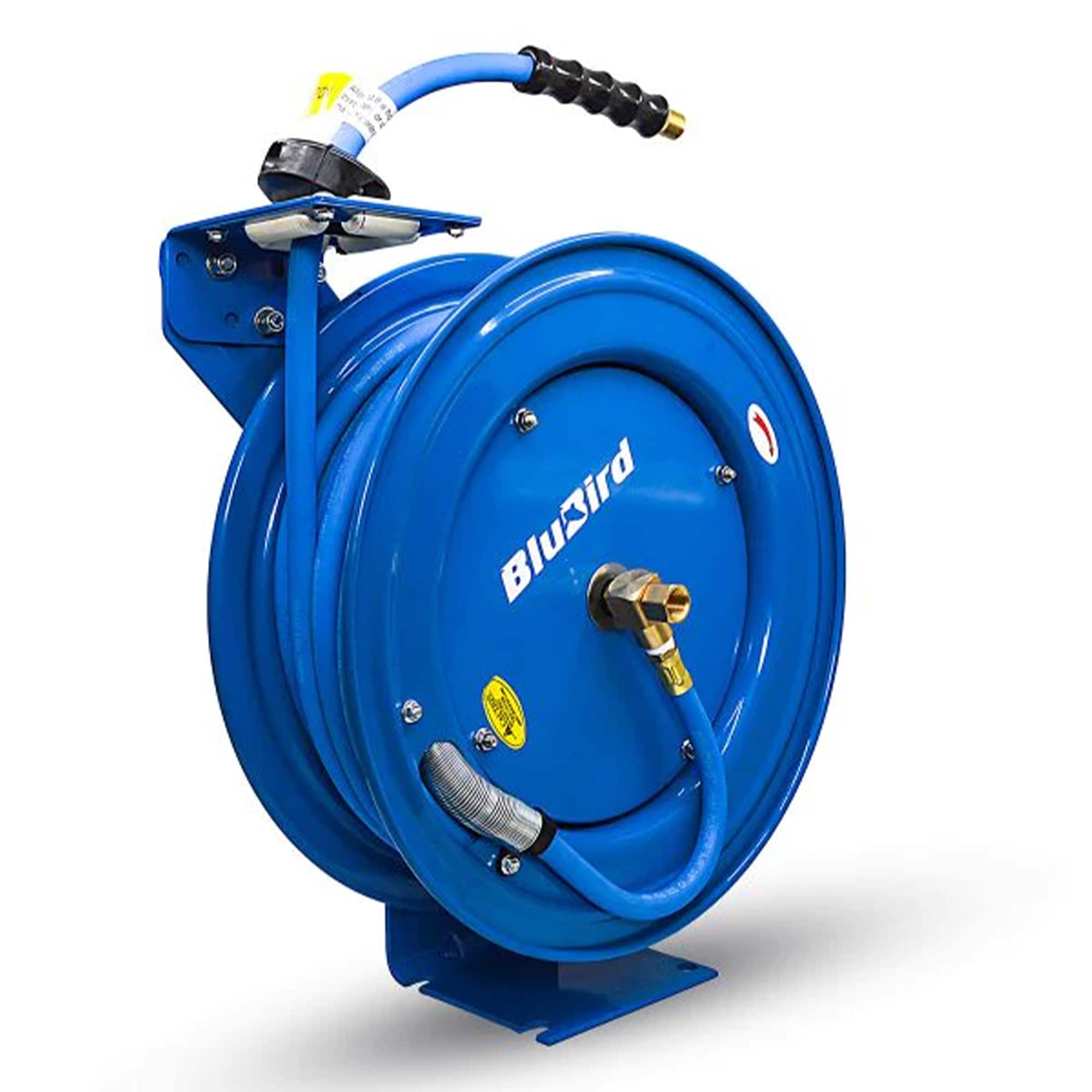 Carrete de manguera de aire retráctil resistente BluBird con manguera de aire de goma premium de 1/2 pulgadas x 25 pies, manguera de entrada de 3 pies, brazo único BBRHD1225