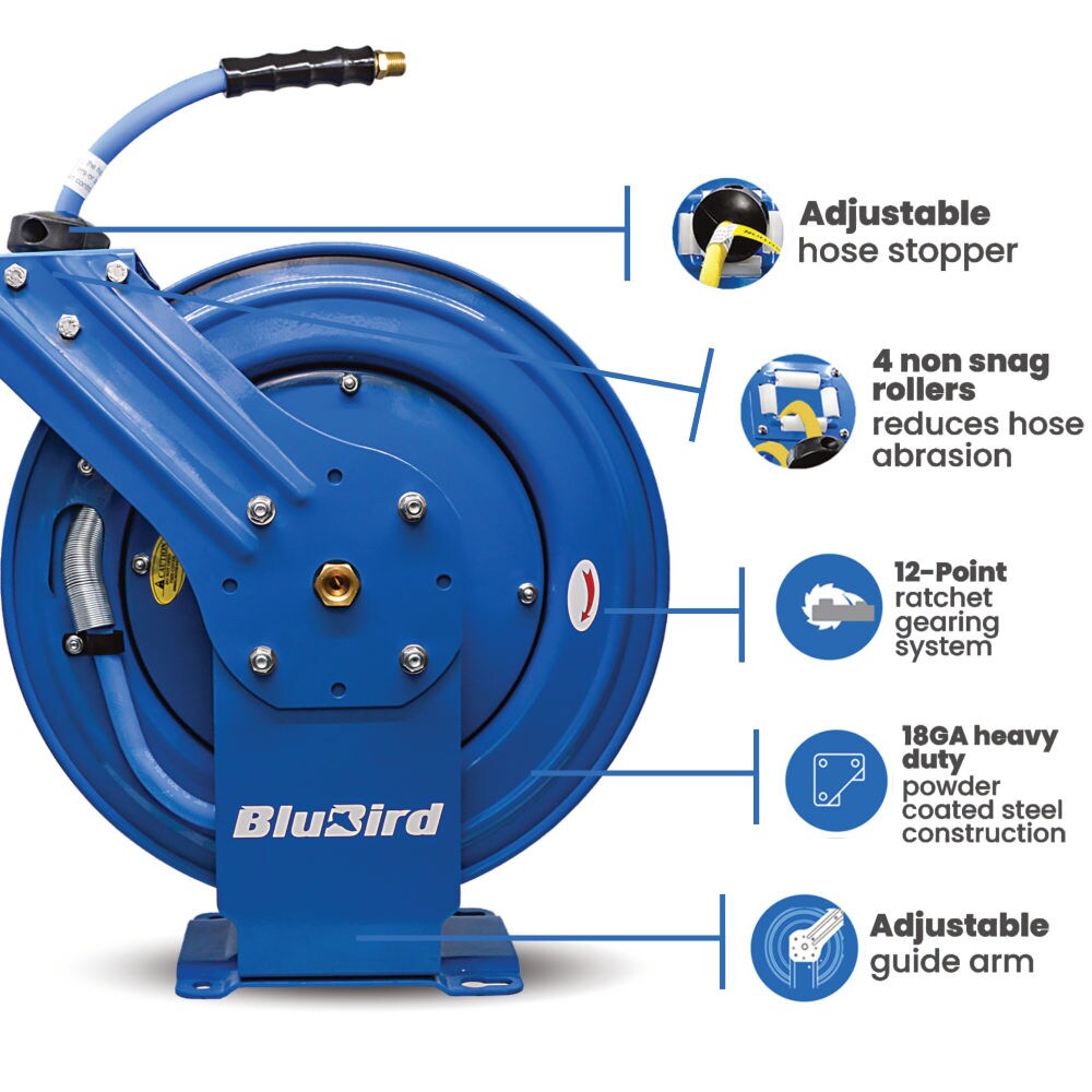 Carrete de manguera de aire retráctil resistente BluBird con manguera de aire de goma premium de 1/2 pulgadas x 25 pies, manguera de entrada de 3 pies, brazo único BBRHD1225