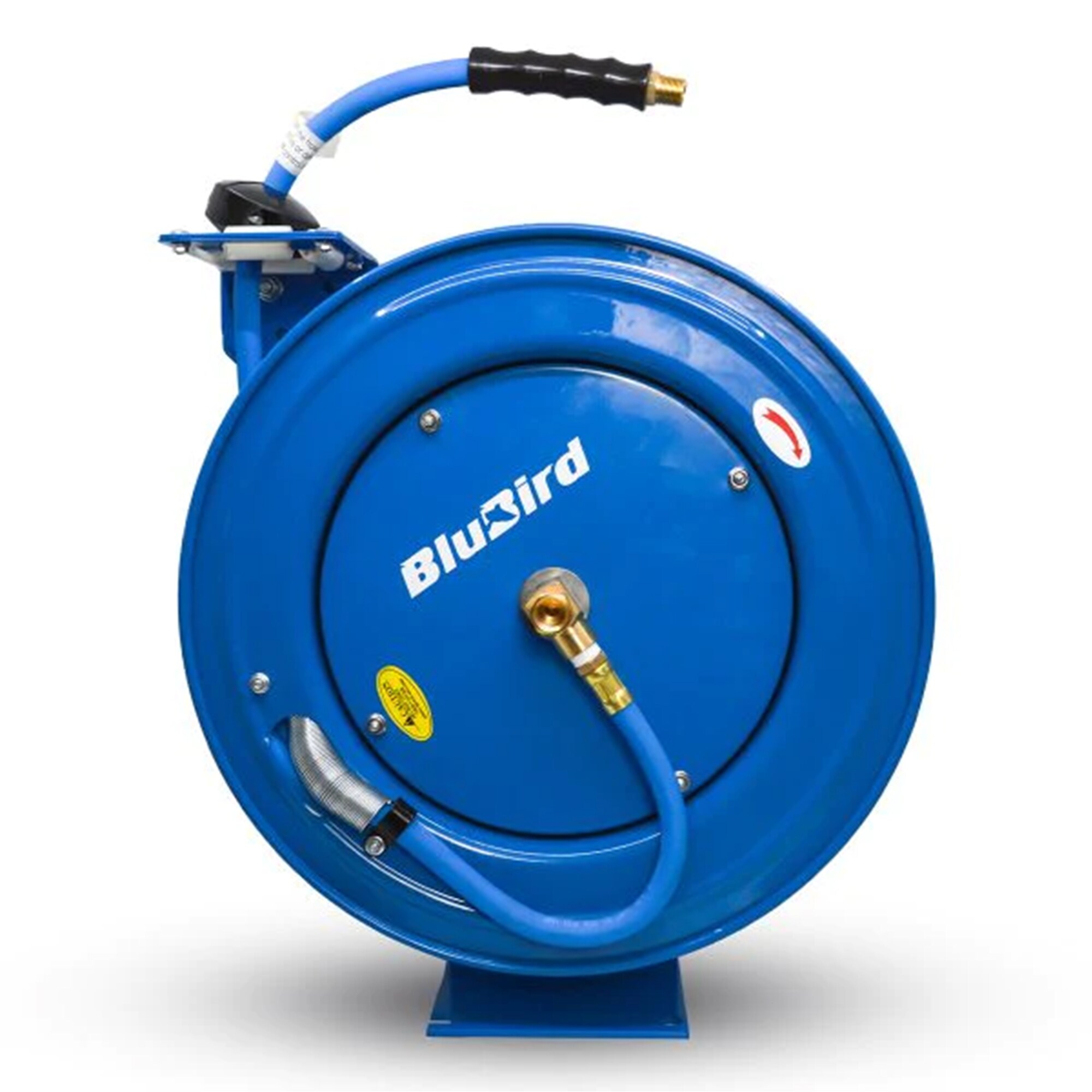Carrete de manguera de aire retráctil resistente BluBird con manguera de aire de goma premium de 1/2 pulgadas x 25 pies, manguera de entrada de 3 pies, brazo único BBRHD1225