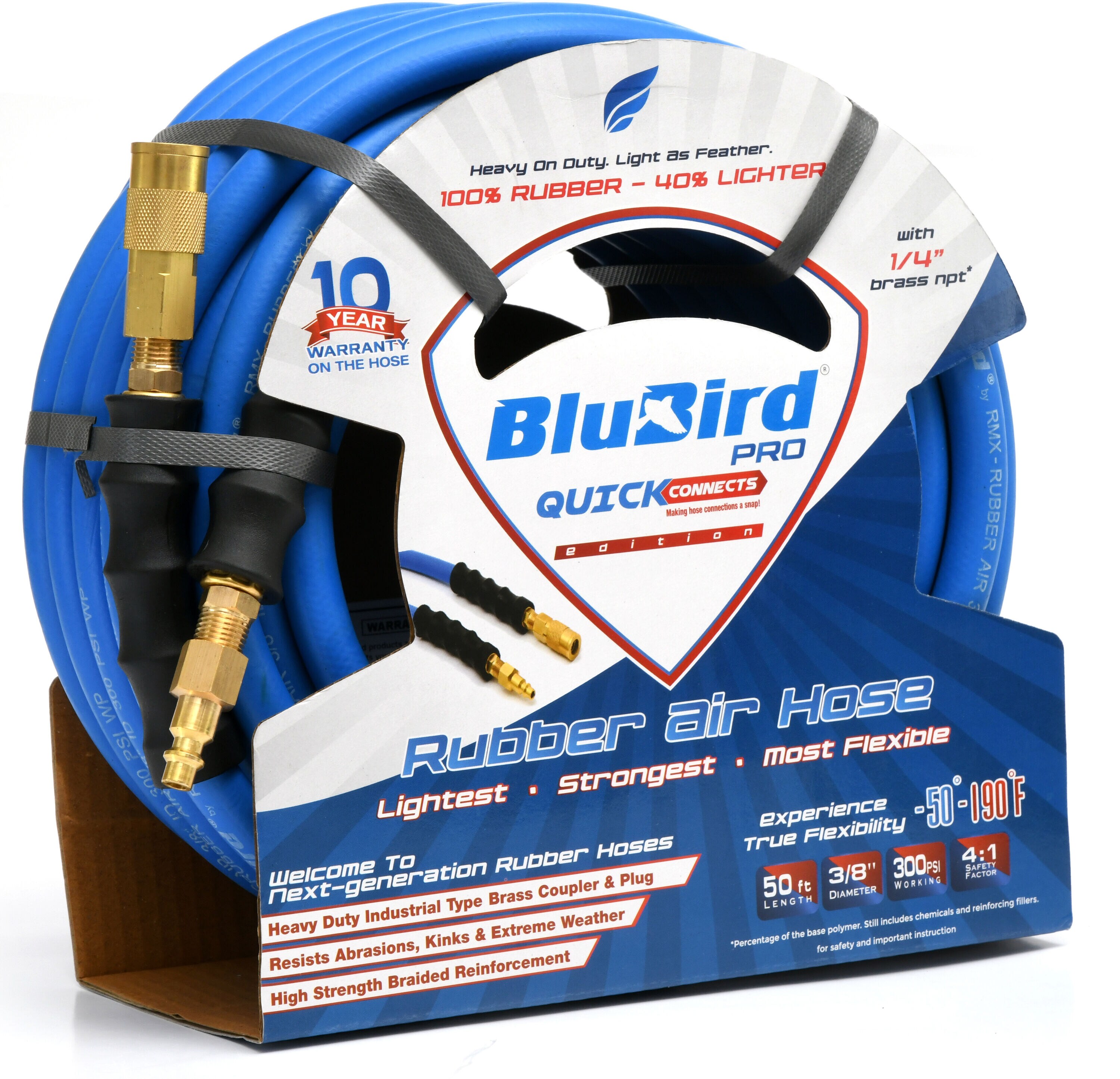 Manguera de aire de caucho premium BluBird de 3/8 pulgadas x 50 pies con conexiones rápidas