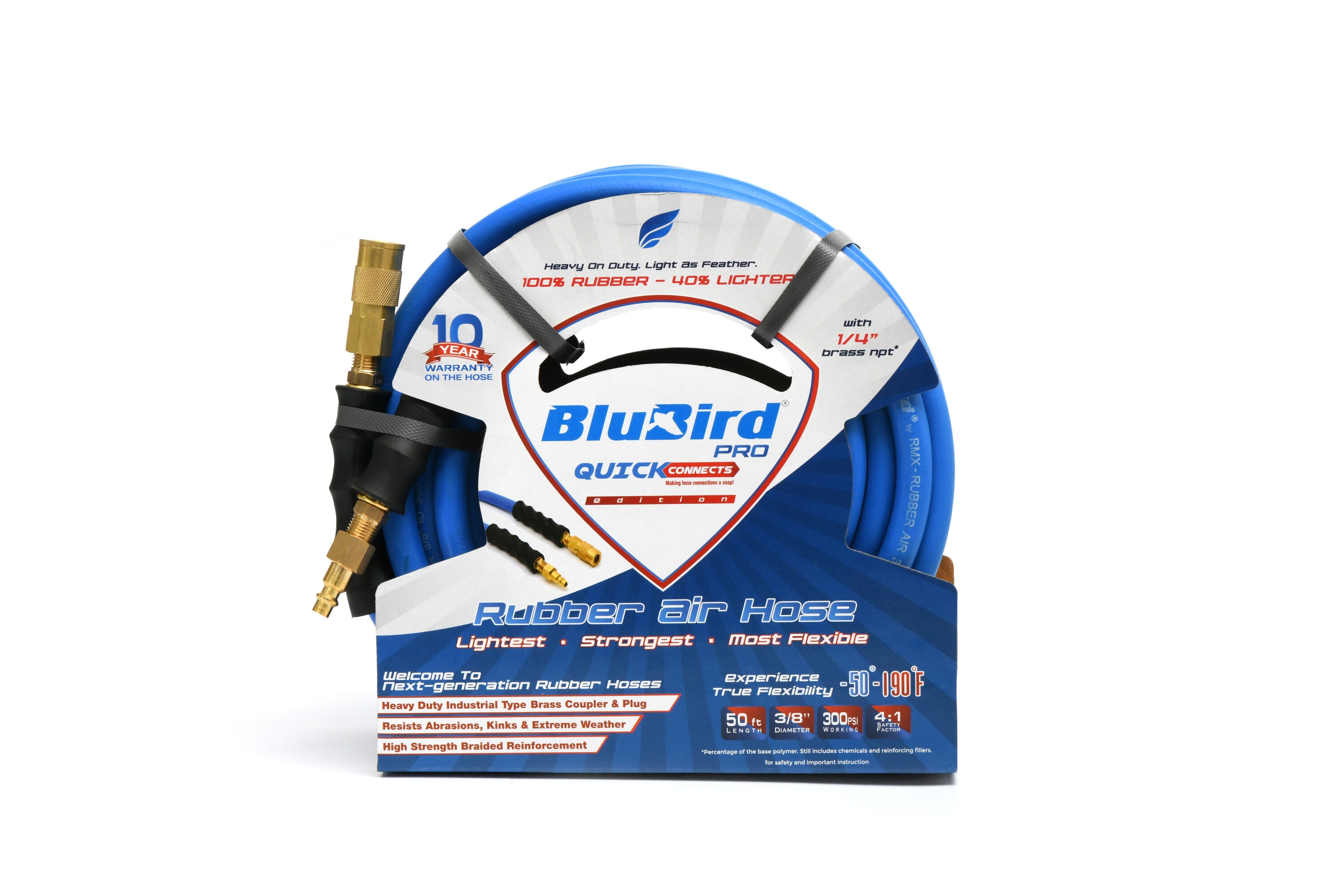 Manguera de aire de caucho premium BluBird de 3/8 pulgadas x 50 pies con conexiones rápidas