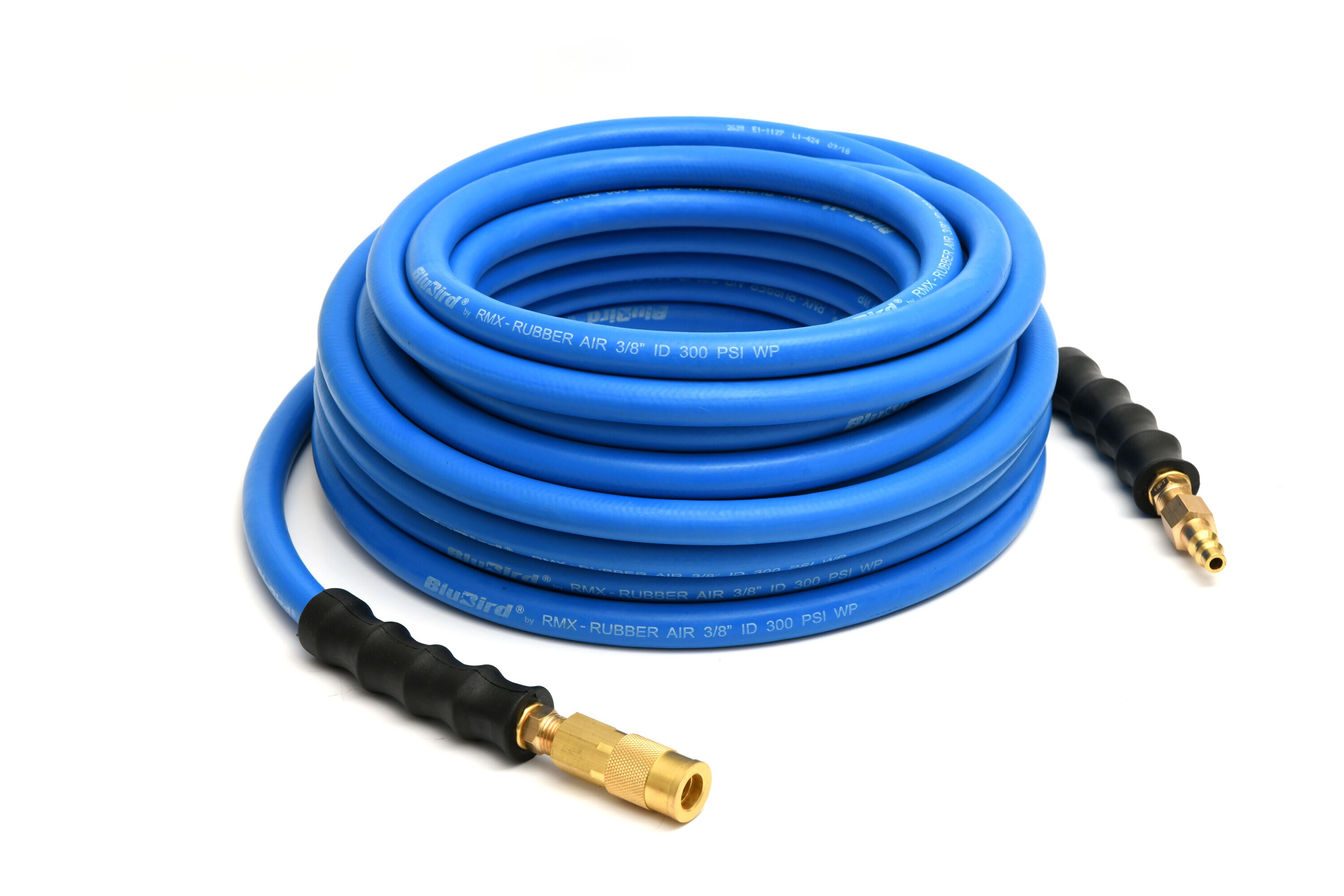 Manguera de aire de caucho premium BluBird de 3/8 pulgadas x 50 pies con conexiones rápidas