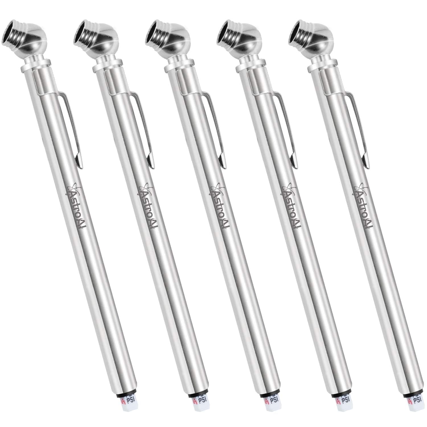 Llanta de Acero Inoxidable AstroAI, Resistente a la Herrumbre con Aplicación Universal, Mide 10-75 Psi/70-550 Kpa/0.7-5.5 Bar. Diseño Portátil con Clip de Bolsillo, Desinflador Integrado y Indicador de Abs. Sin Pilas Para Confiabilidad en Todo Clima. ASITIREGAP-5PACK