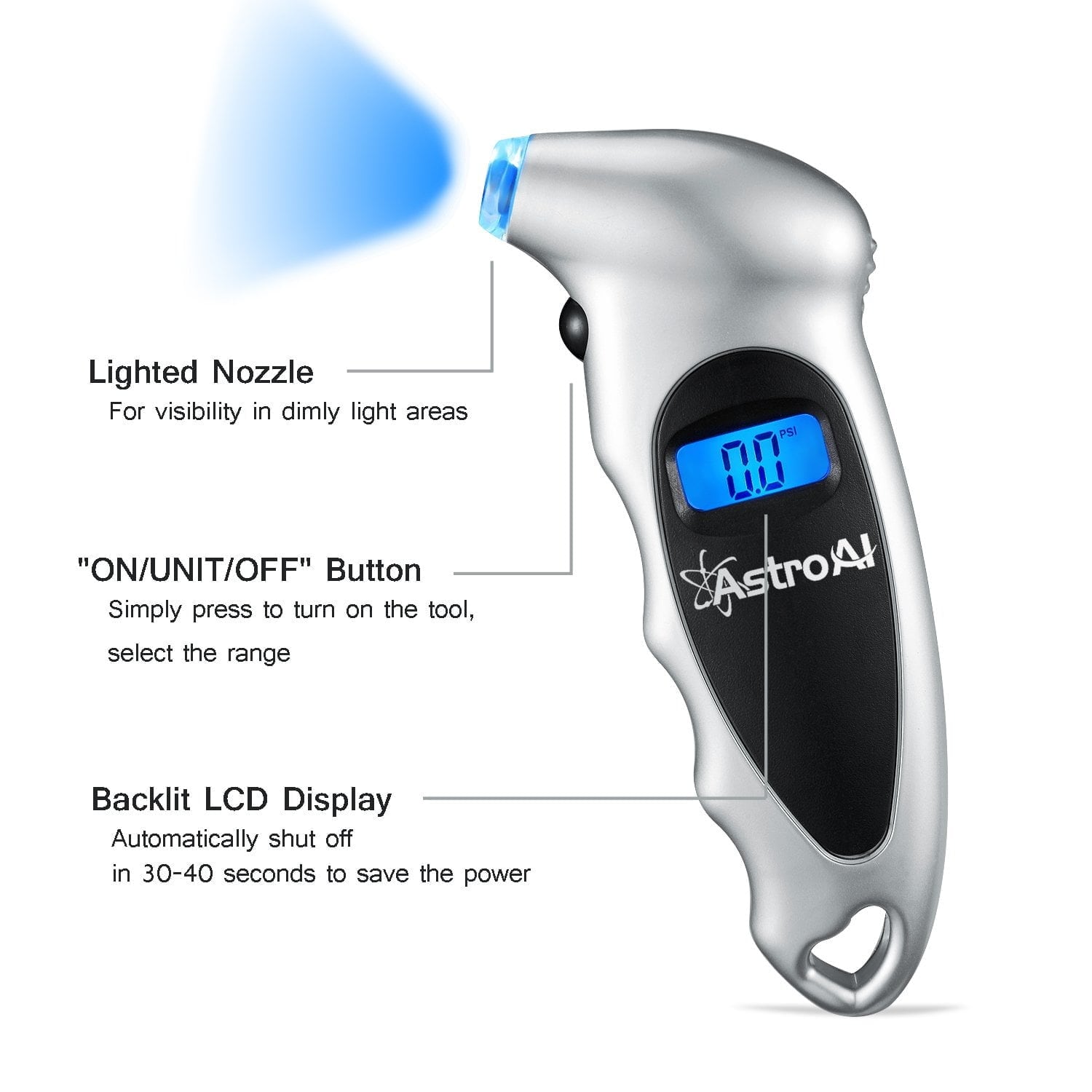 Inflador de llantas AstroAI: Pantalla LCD iluminada, boquilla iluminada, precisión digital hasta 150 PSI, apagado automático, agarre antideslizante. Versátil, batería incluida, con la garantía de calidad de AstroAI.