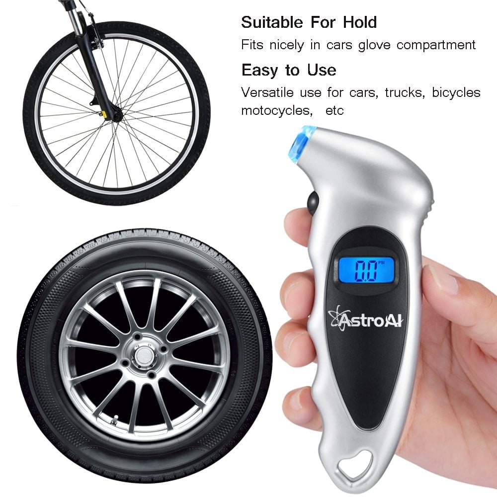 Inflador de llantas AstroAI: Pantalla LCD iluminada, boquilla iluminada, precisión digital hasta 150 PSI, apagado automático, agarre antideslizante. Versátil, batería incluida, con la garantía de calidad de AstroAI.