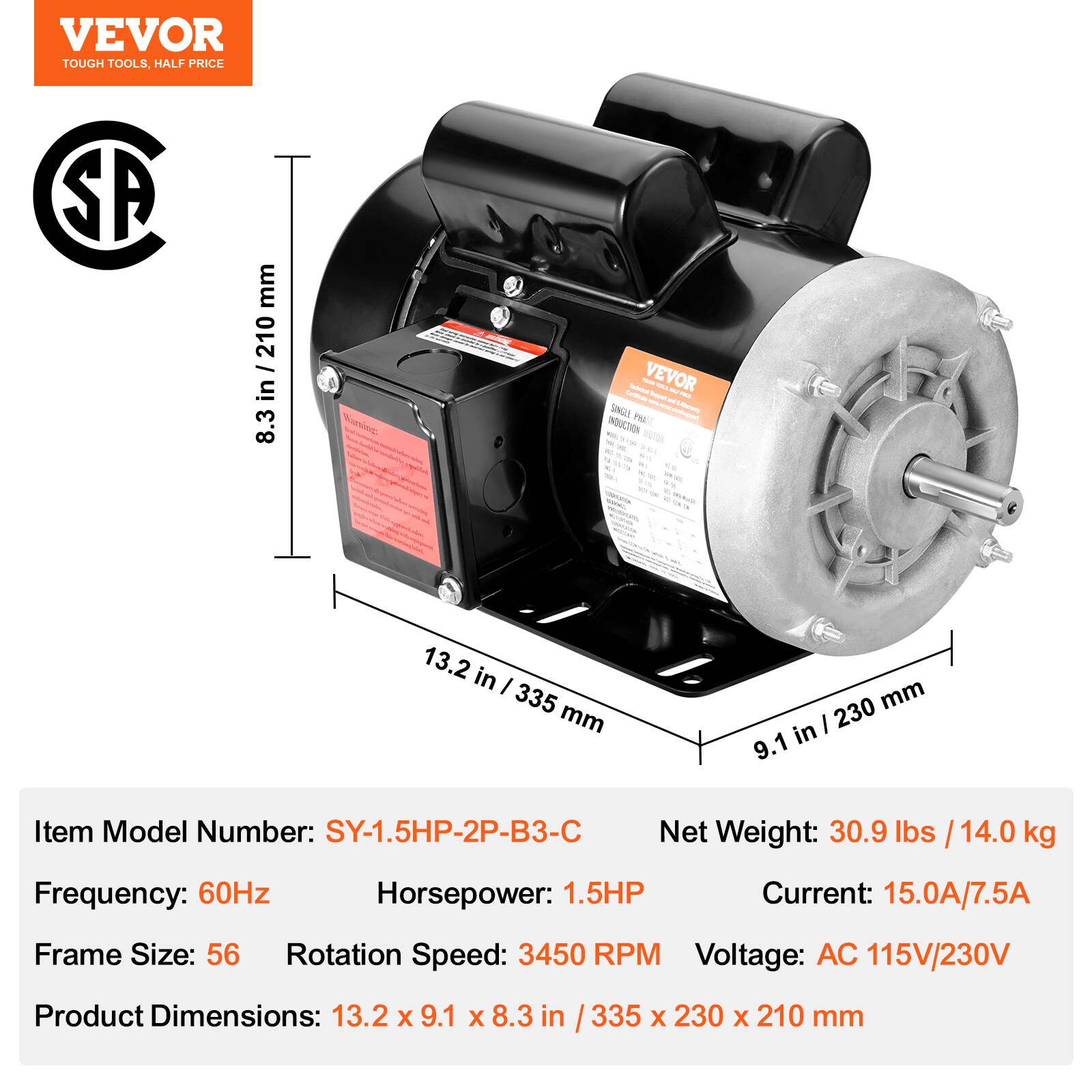Motor eléctrico VEVOR de 1.5HP 3450-RPM, CA 115V/230V, Marco 56, Motor de Compresor de Aire Monofásico, Eje Dentado de 5/8 pulgadas, Rotación CW/CCW para Maquinaria Agrícola y Equipos Generales