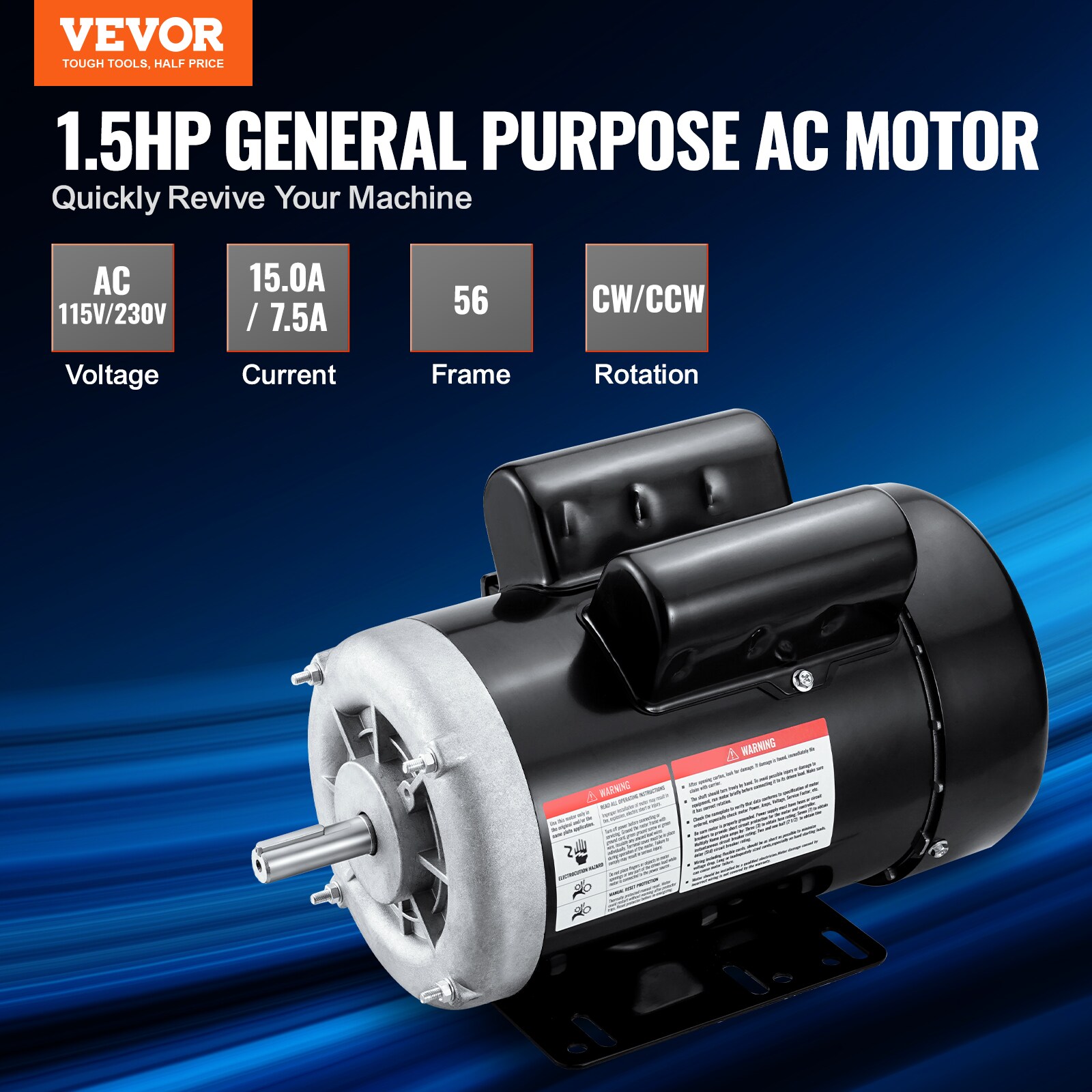 Motor eléctrico VEVOR de 1.5HP 3450-RPM, CA 115V/230V, Marco 56, Motor de Compresor de Aire Monofásico, Eje Dentado de 5/8 pulgadas, Rotación CW/CCW para Maquinaria Agrícola y Equipos Generales