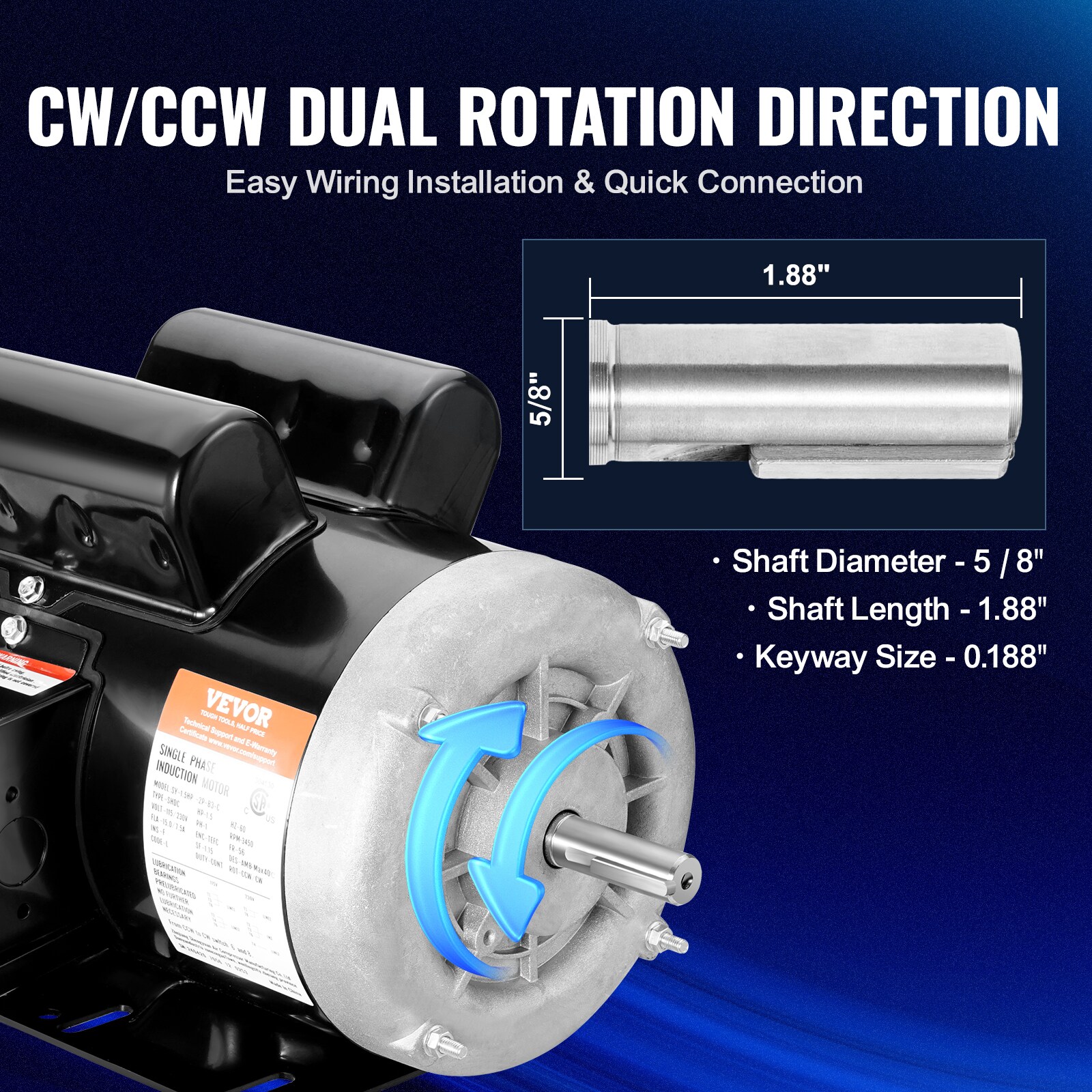 Motor eléctrico VEVOR de 1.5HP 3450-RPM, CA 115V/230V, Marco 56, Motor de Compresor de Aire Monofásico, Eje Dentado de 5/8 pulgadas, Rotación CW/CCW para Maquinaria Agrícola y Equipos Generales