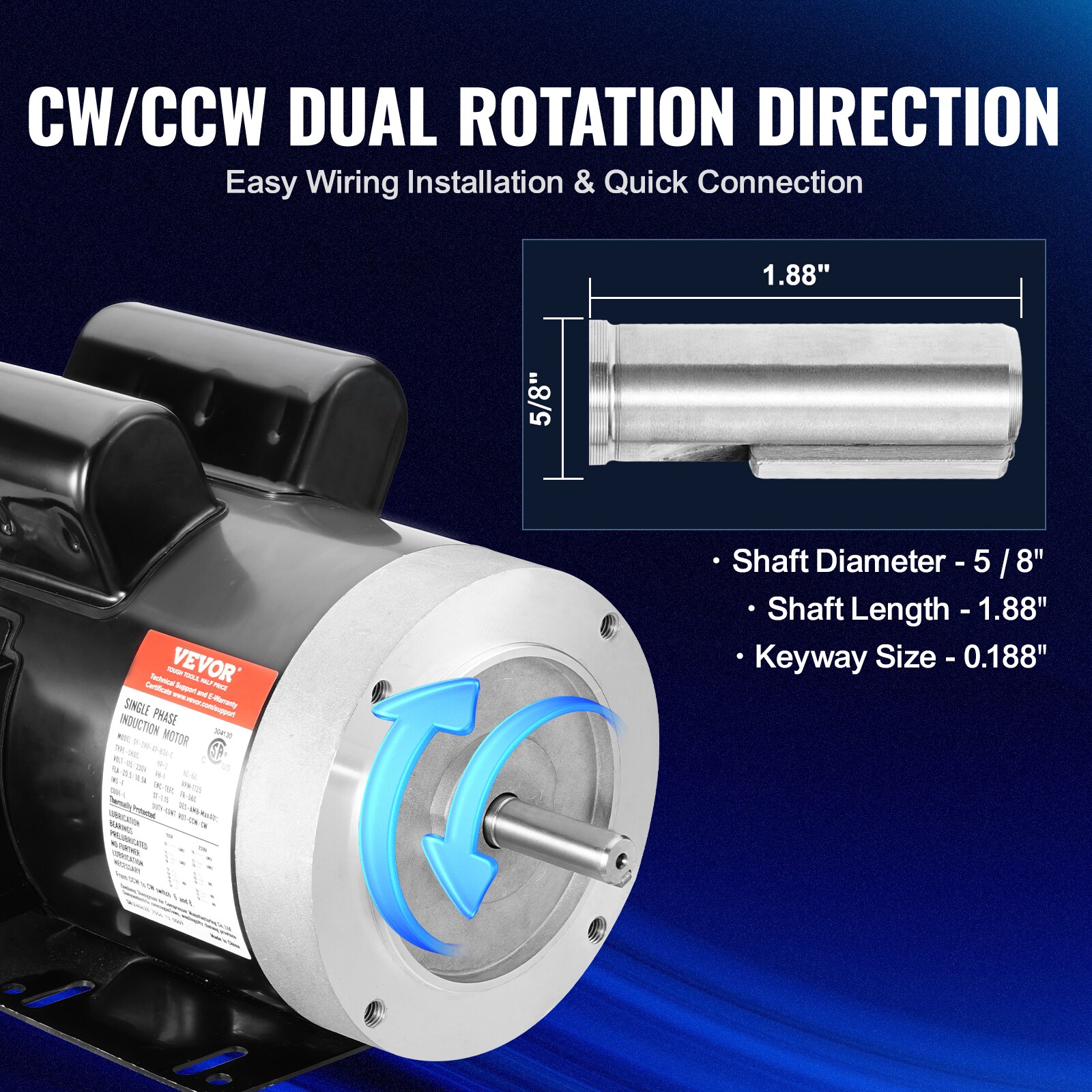 Motor eléctrico VEVOR de 2HP, 1725-RPM, AC 115V/230V, marco 56C, motor de compresor de aire monofásico, eje dentado de 5/8 pulgadas, rotación CW/CCW para maquinaria agrícola y equipo general.