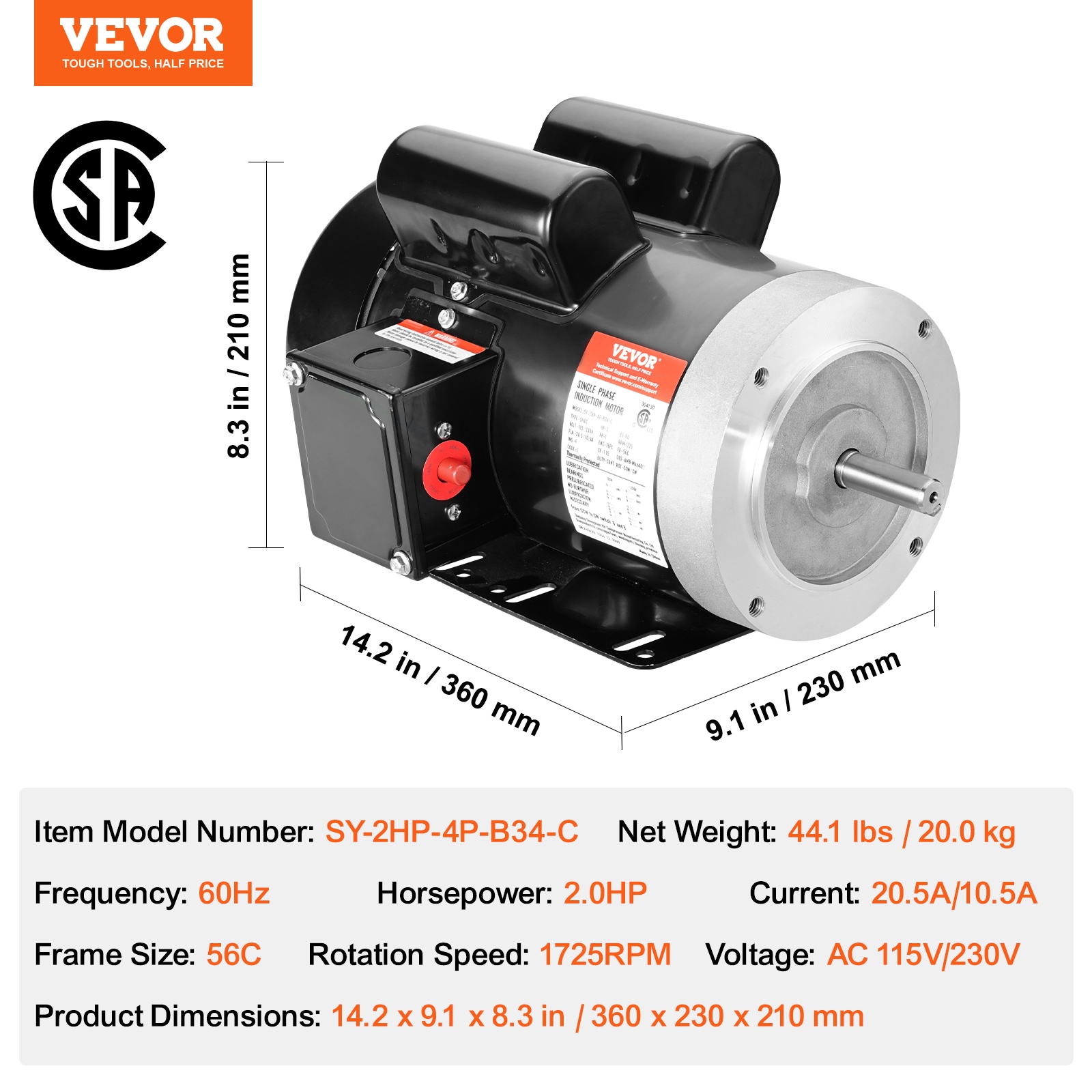 Motor eléctrico VEVOR de 2HP, 1725-RPM, AC 115V/230V, marco 56C, motor de compresor de aire monofásico, eje dentado de 5/8 pulgadas, rotación CW/CCW para maquinaria agrícola y equipo general.
