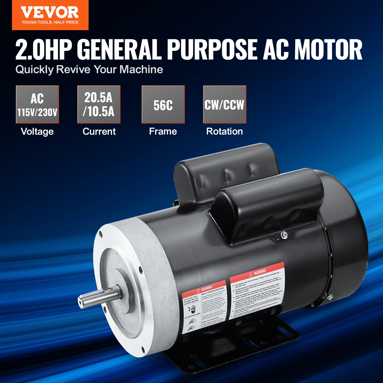 Motor eléctrico VEVOR de 2HP, 1725-RPM, AC 115V/230V, marco 56C, motor de compresor de aire monofásico, eje dentado de 5/8 pulgadas, rotación CW/CCW para maquinaria agrícola y equipo general.
