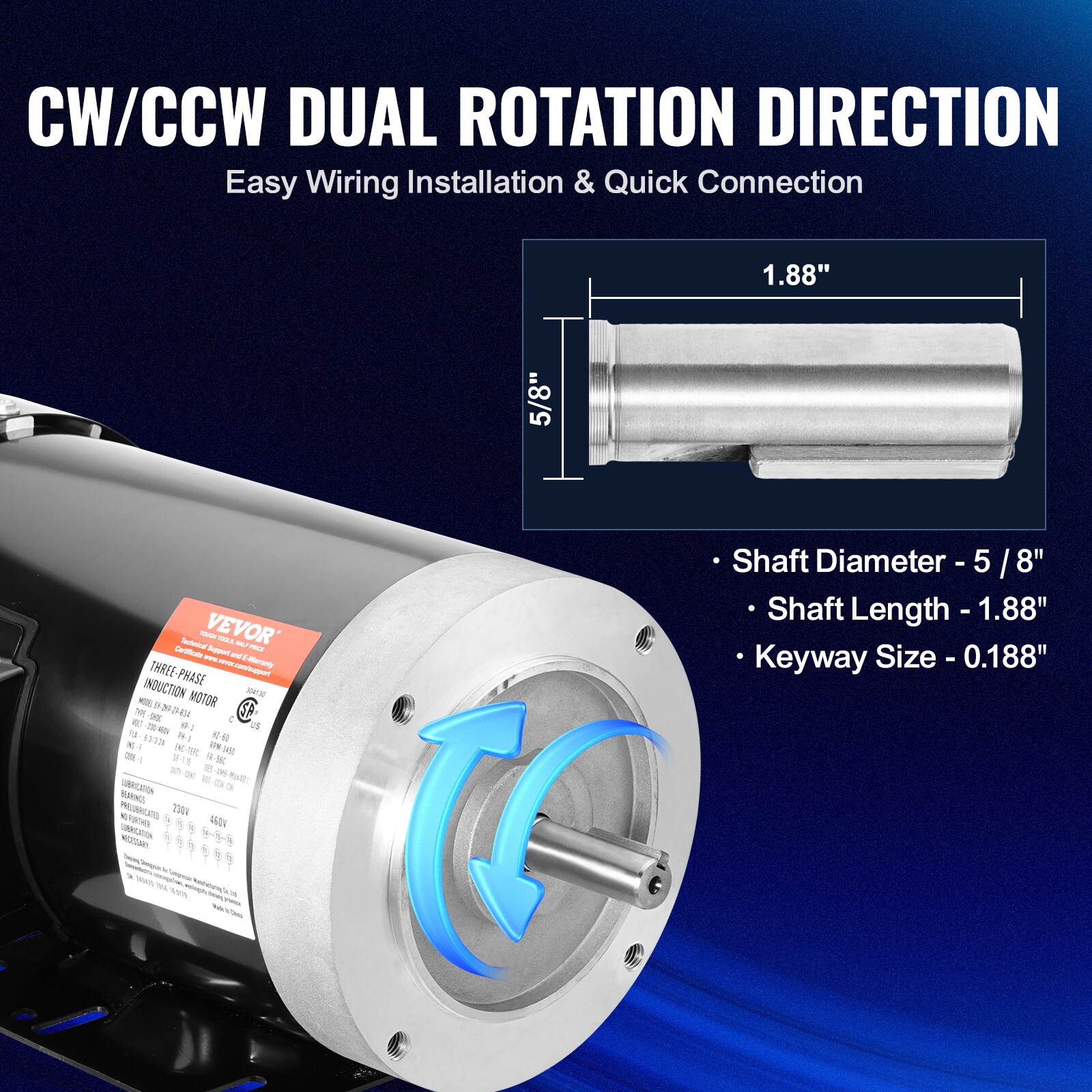 Motor eléctrico VEVOR de 2HP a 3450 RPM, AC 230v/460v, marco 56c, motor para compresor de aire de 3 fases, eje con llave de 5/8 pulgadas, rotación CW/CCW para maquinaria agrícola y equipo general.