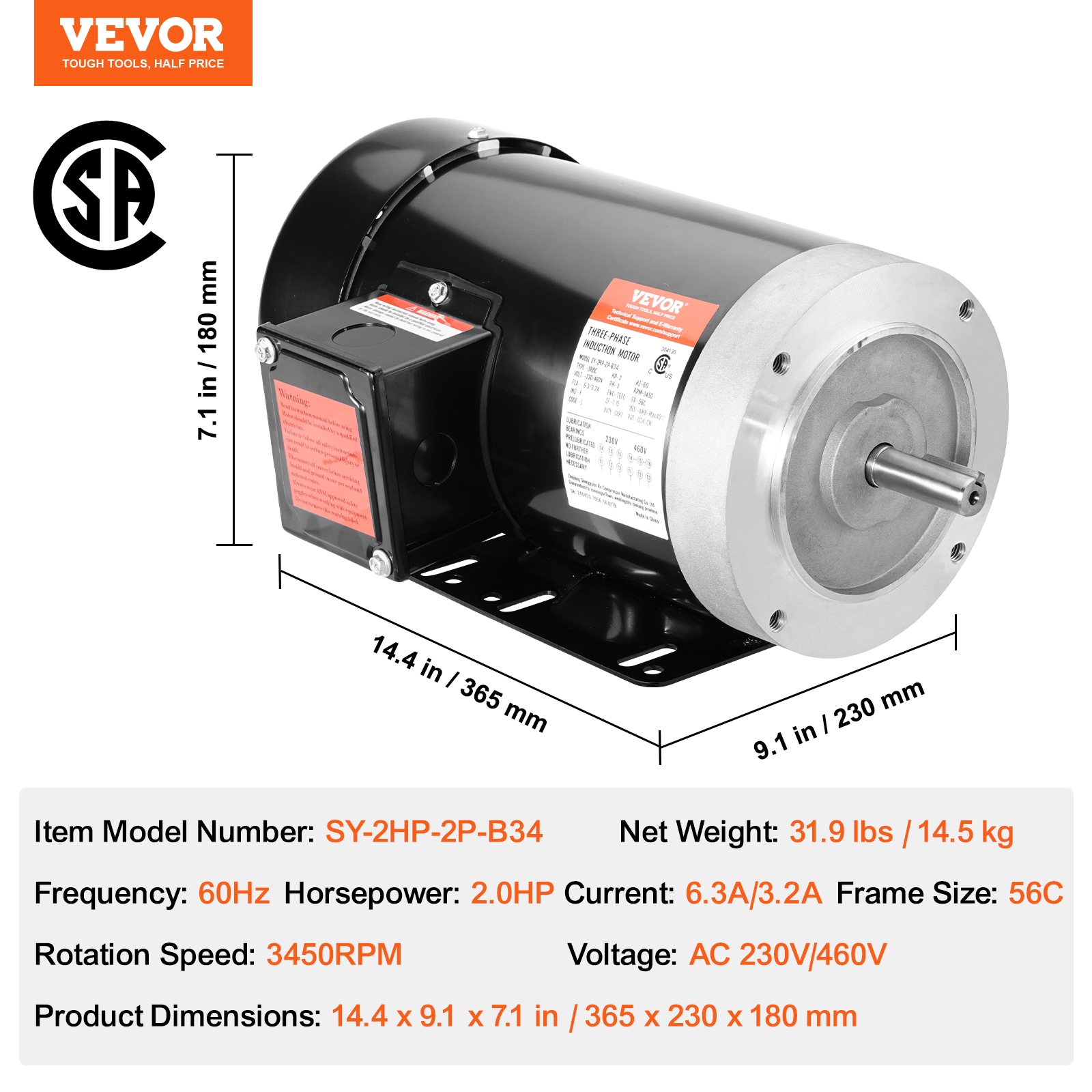 Motor eléctrico VEVOR de 2HP a 3450 RPM, AC 230v/460v, marco 56c, motor para compresor de aire de 3 fases, eje con llave de 5/8 pulgadas, rotación CW/CCW para maquinaria agrícola y equipo general.