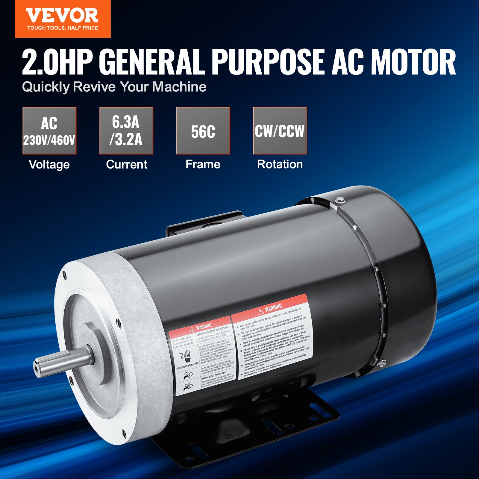 Motor eléctrico VEVOR de 2HP a 3450 RPM, AC 230v/460v, marco 56c, motor para compresor de aire de 3 fases, eje con llave de 5/8 pulgadas, rotación CW/CCW para maquinaria agrícola y equipo general.