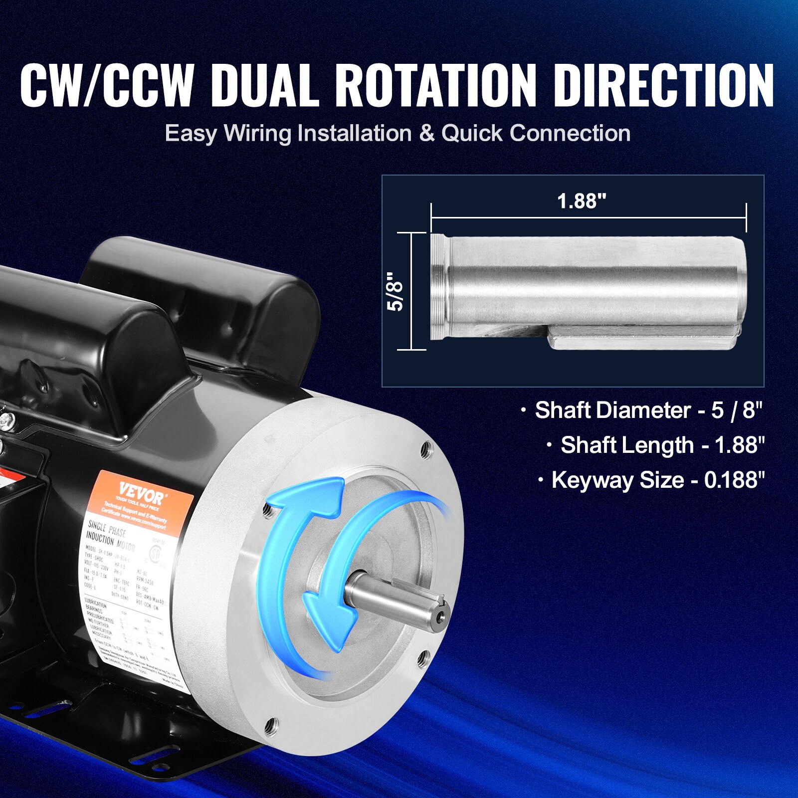 Motor Eléctrico de 1.5 HP VEVOR 3450-RPM, CA 115V/230V, Armazón 56C, Motor para Compresor de Aire Monofásico, Eje de 5/8 pulgadas con Chaveta, Rotación CW/CCW para Maquinaria Agrícola y Equipos Generales
