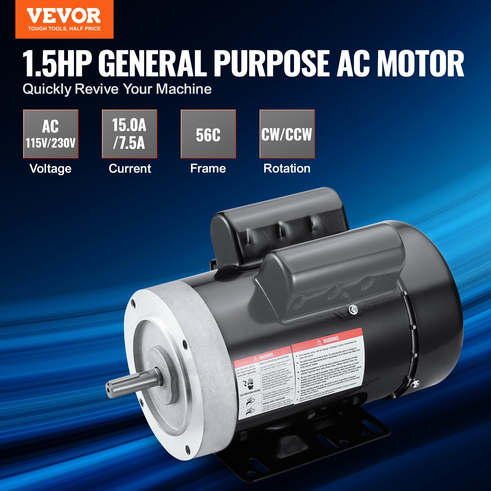 Motor Eléctrico de 1.5 HP VEVOR 3450-RPM, CA 115V/230V, Armazón 56C, Motor para Compresor de Aire Monofásico, Eje de 5/8 pulgadas con Chaveta, Rotación CW/CCW para Maquinaria Agrícola y Equipos Generales