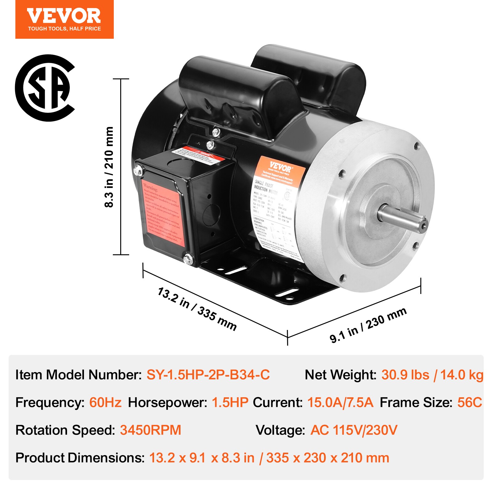 Motor Eléctrico de 1.5 HP VEVOR 3450-RPM, CA 115V/230V, Armazón 56C, Motor para Compresor de Aire Monofásico, Eje de 5/8 pulgadas con Chaveta, Rotación CW/CCW para Maquinaria Agrícola y Equipos Generales