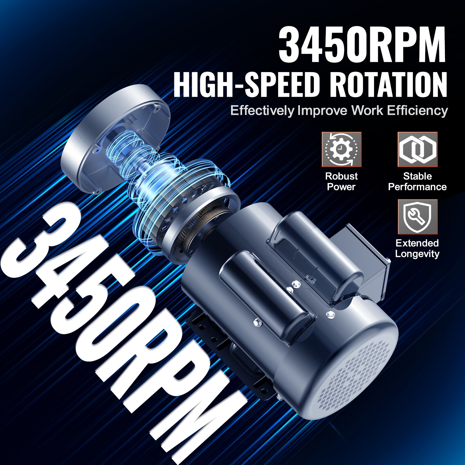 Motor Eléctrico de 1.5 HP VEVOR 3450-RPM, CA 115V/230V, Armazón 56C, Motor para Compresor de Aire Monofásico, Eje de 5/8 pulgadas con Chaveta, Rotación CW/CCW para Maquinaria Agrícola y Equipos Generales