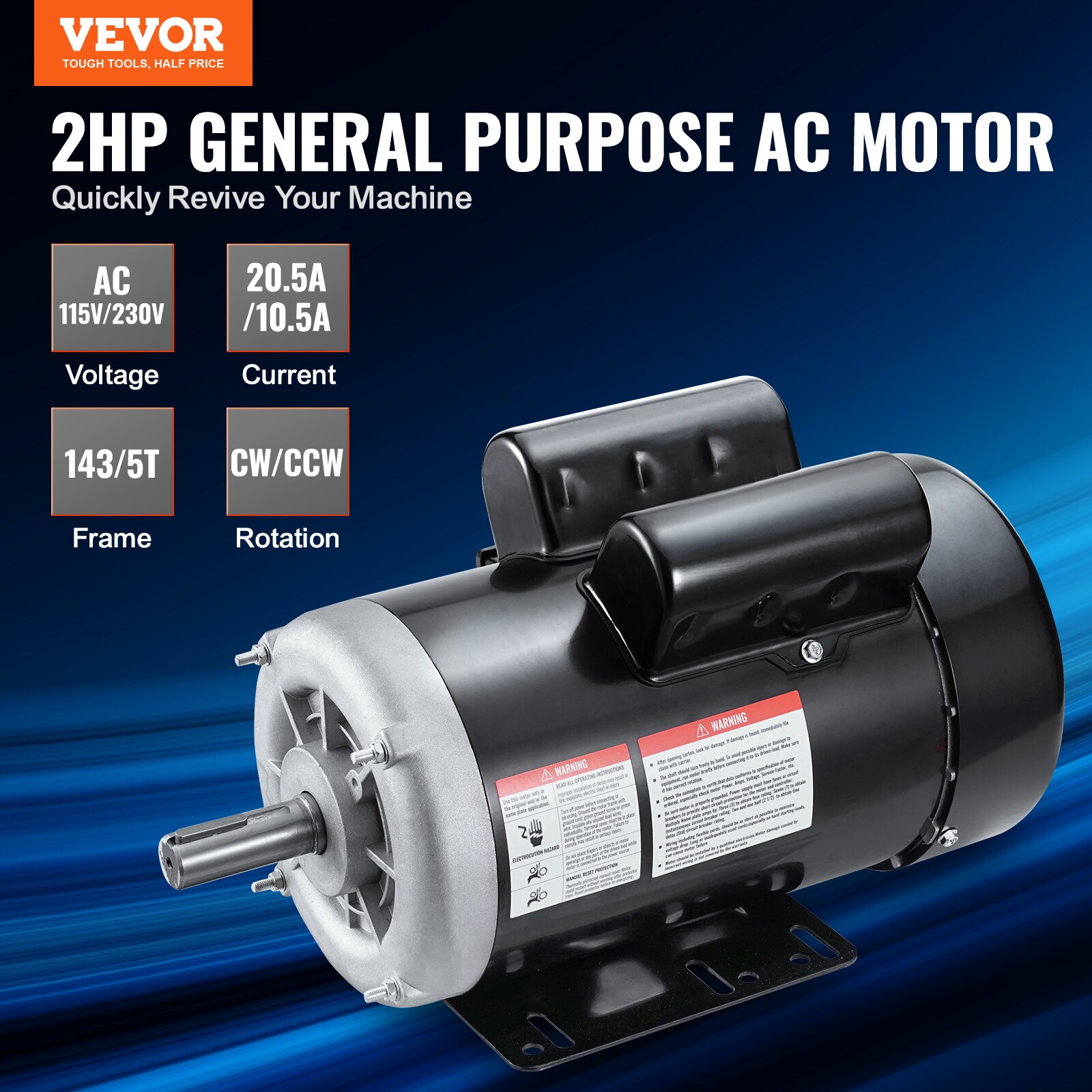 Motor eléctrico VEVOR de 2HP a 1725-RPM, AC 115V/230V, armazón 143/5T, motor de compresor de aire monofásico, eje estriado de 7/8 pulgadas, rotación CW/CCW para maquinaria agrícola y equipo general.