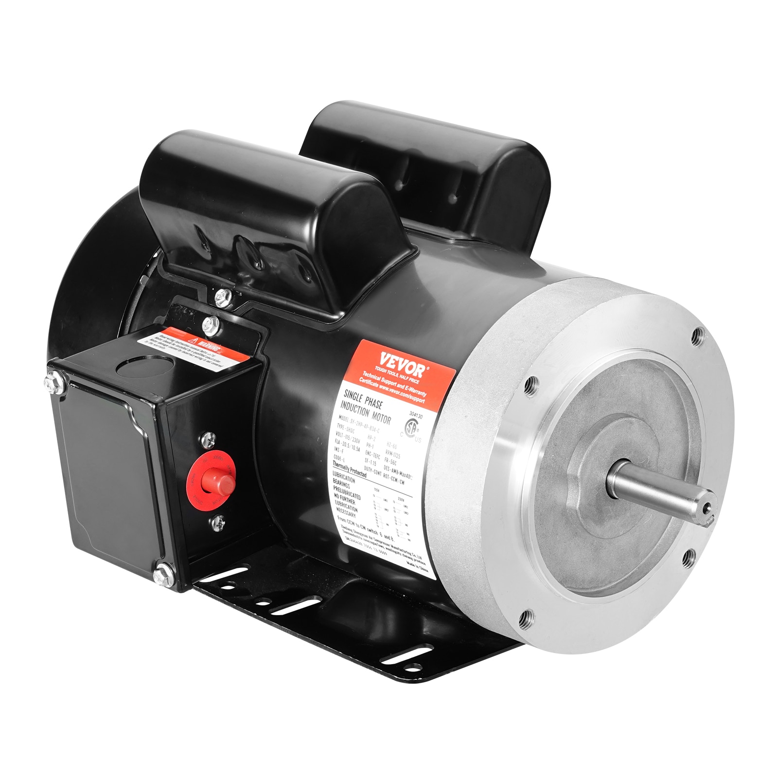 Motor eléctrico VEVOR de 2HP a 1725-RPM, AC 115V/230V, armazón 143/5T, motor de compresor de aire monofásico, eje estriado de 7/8 pulgadas, rotación CW/CCW para maquinaria agrícola y equipo general.