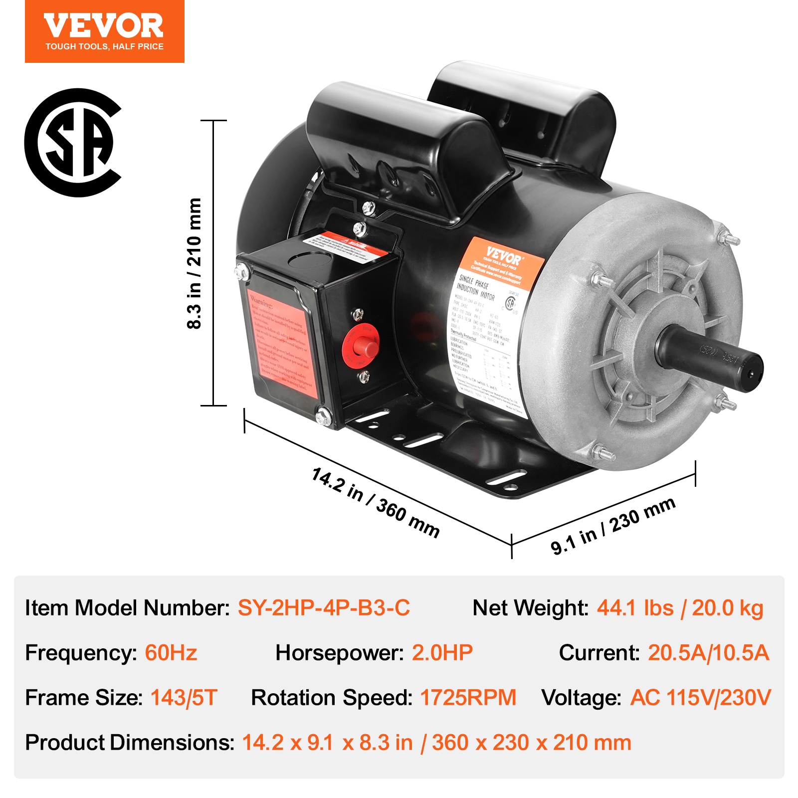 Motor eléctrico VEVOR de 2HP a 1725-RPM, AC 115V/230V, armazón 143/5T, motor de compresor de aire monofásico, eje estriado de 7/8 pulgadas, rotación CW/CCW para maquinaria agrícola y equipo general.