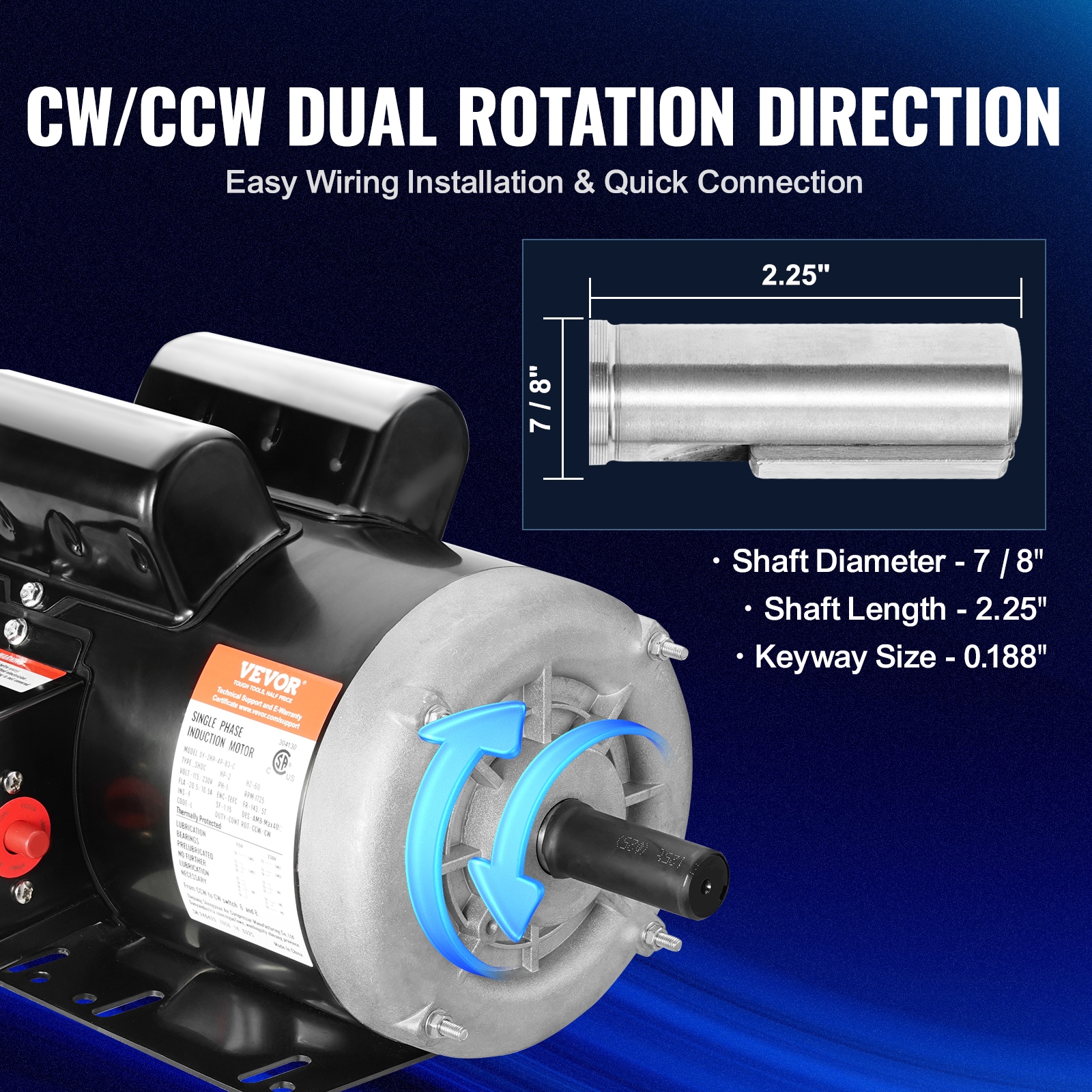 Motor eléctrico VEVOR de 2HP a 1725-RPM, AC 115V/230V, armazón 143/5T, motor de compresor de aire monofásico, eje estriado de 7/8 pulgadas, rotación CW/CCW para maquinaria agrícola y equipo general.