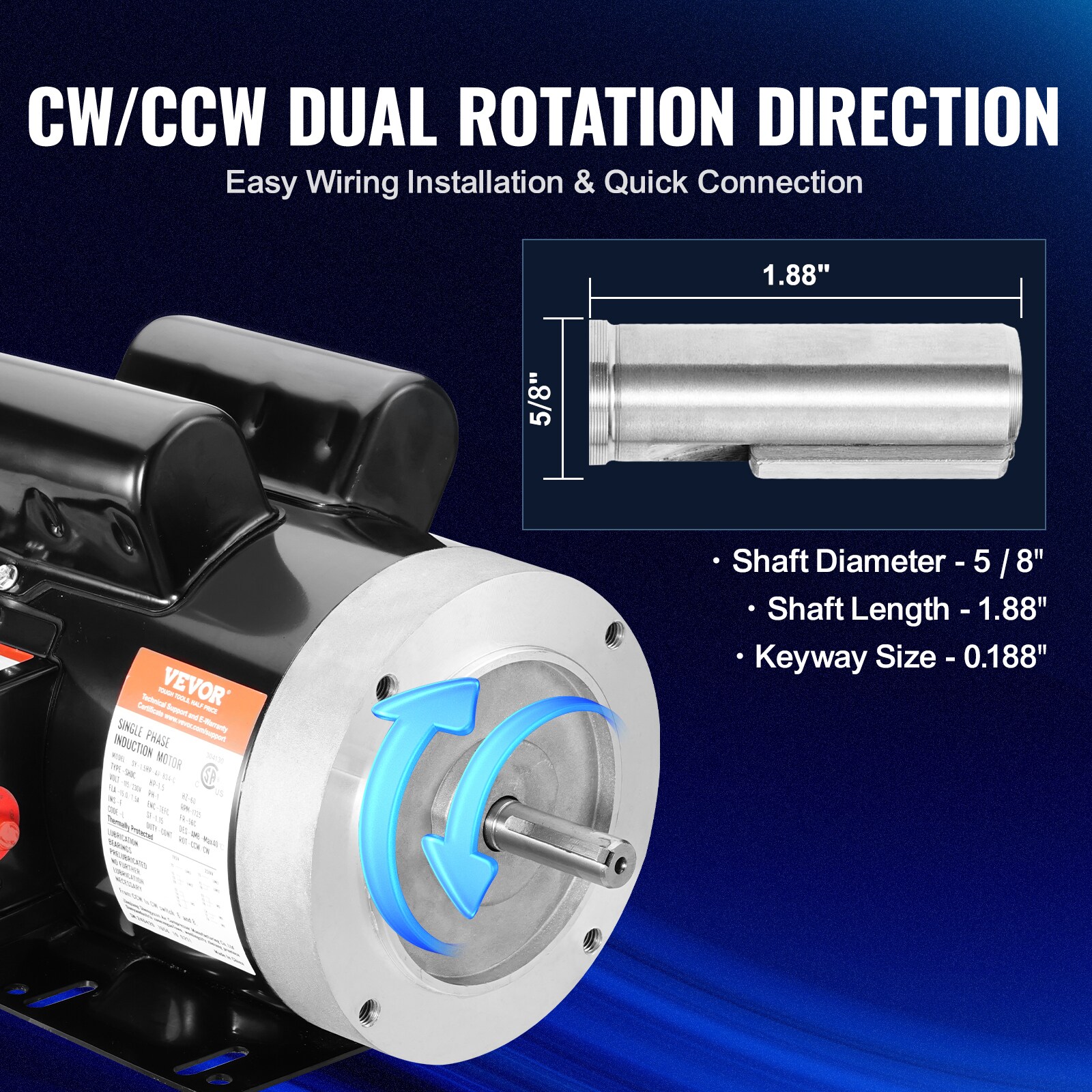Motor eléctrico de 1.5HP VEVOR 1725-RPM, CA 115V / 230V, armazón 56C, motor para compresor de aire monofásico, eje de 5/8 pulgadas con chaveta, rotación CW / CCW para maquinaria agrícola y equipo general.