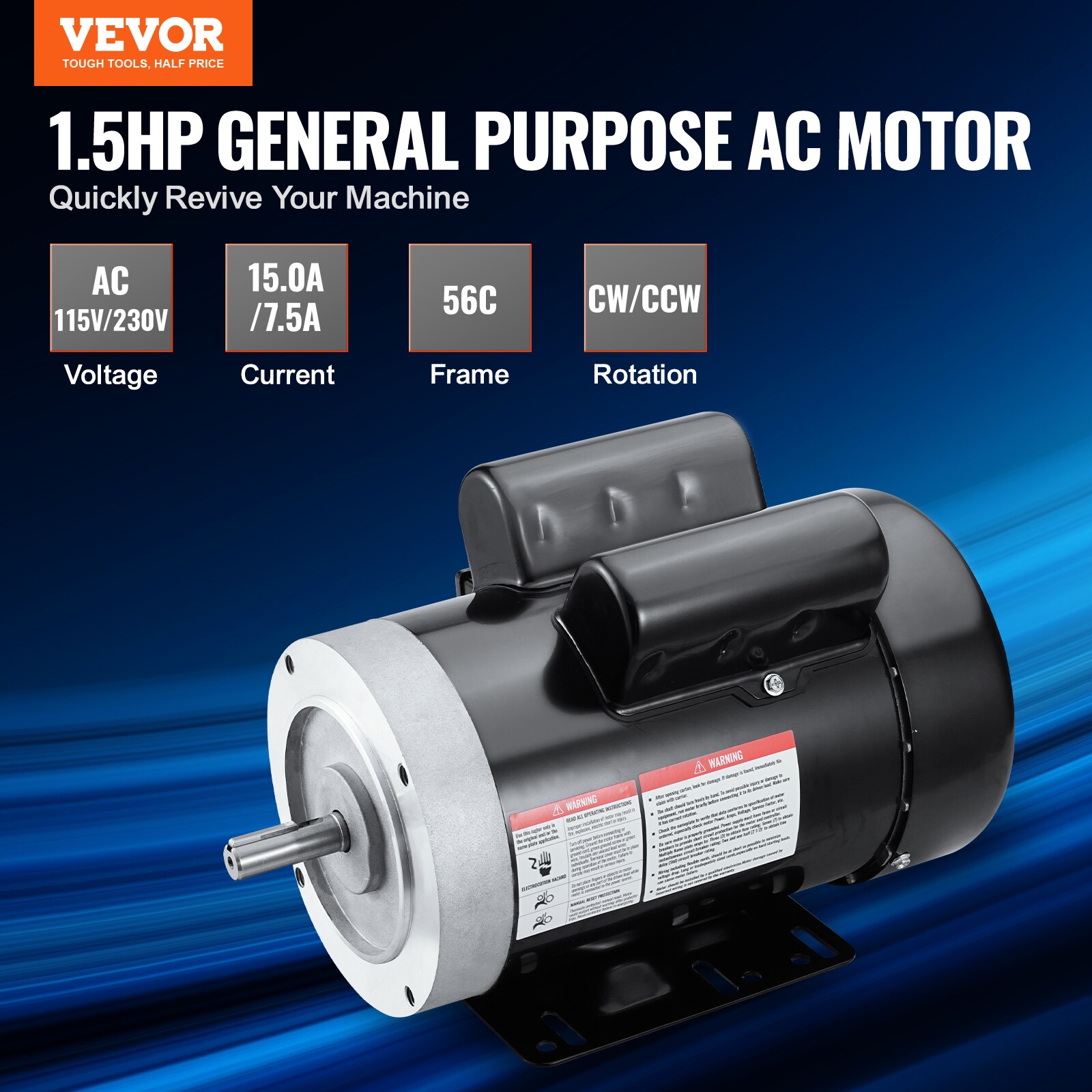 Motor eléctrico de 1.5HP VEVOR 1725-RPM, CA 115V / 230V, armazón 56C, motor para compresor de aire monofásico, eje de 5/8 pulgadas con chaveta, rotación CW / CCW para maquinaria agrícola y equipo general.