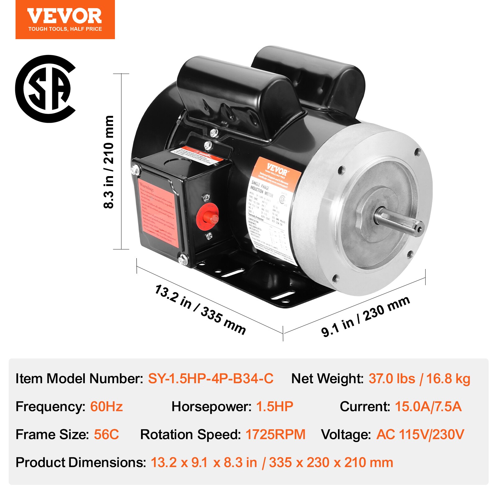 Motor eléctrico de 1.5HP VEVOR 1725-RPM, CA 115V / 230V, armazón 56C, motor para compresor de aire monofásico, eje de 5/8 pulgadas con chaveta, rotación CW / CCW para maquinaria agrícola y equipo general.