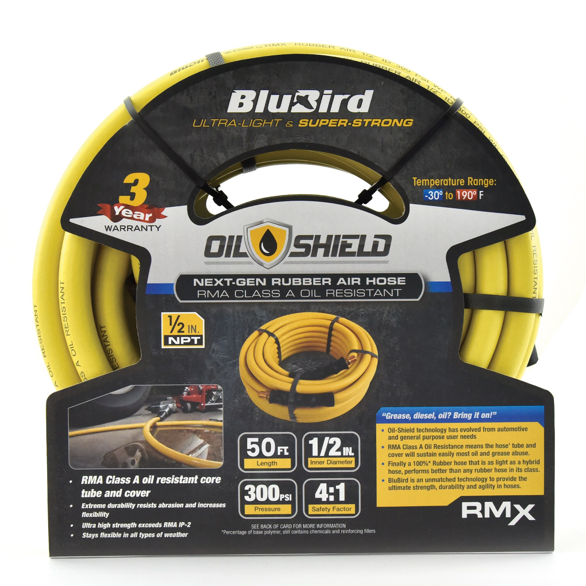 Manguera de aire de hule resistente Clase-A de 1/2 pulgadas x 50 pies con protector de aceite OS1250