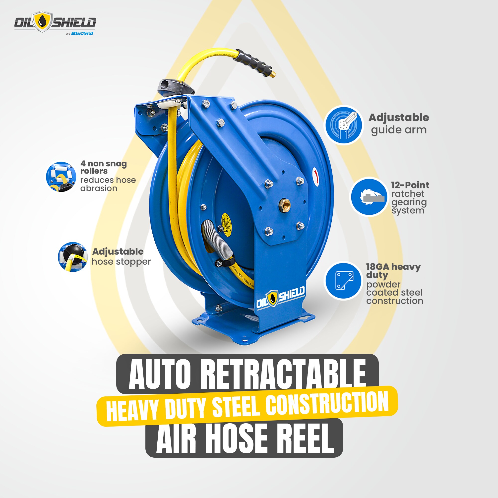 Carrete de manguera de aire retráctil resistente de servicio pesado con manguera de aire de goma Clase-A de 3/8 pulgadas x 100 pies, manguera de entrada de 3 pies, doble brazo OSRDA38100