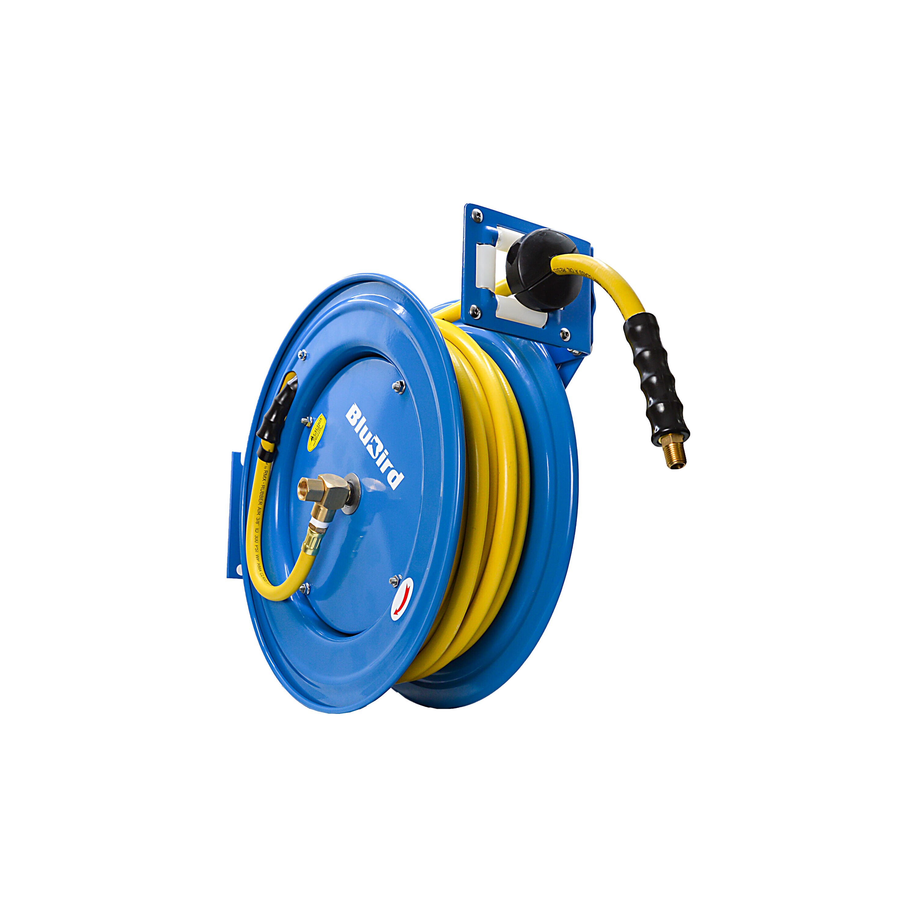Carrete de manguera de aire retráctil resistente Oil Shield con manguera de aire de goma Clase-A de 3/8 pulgadas x 50 pies, manguera de arranque de 3 pies, brazo único OSRHD3850.