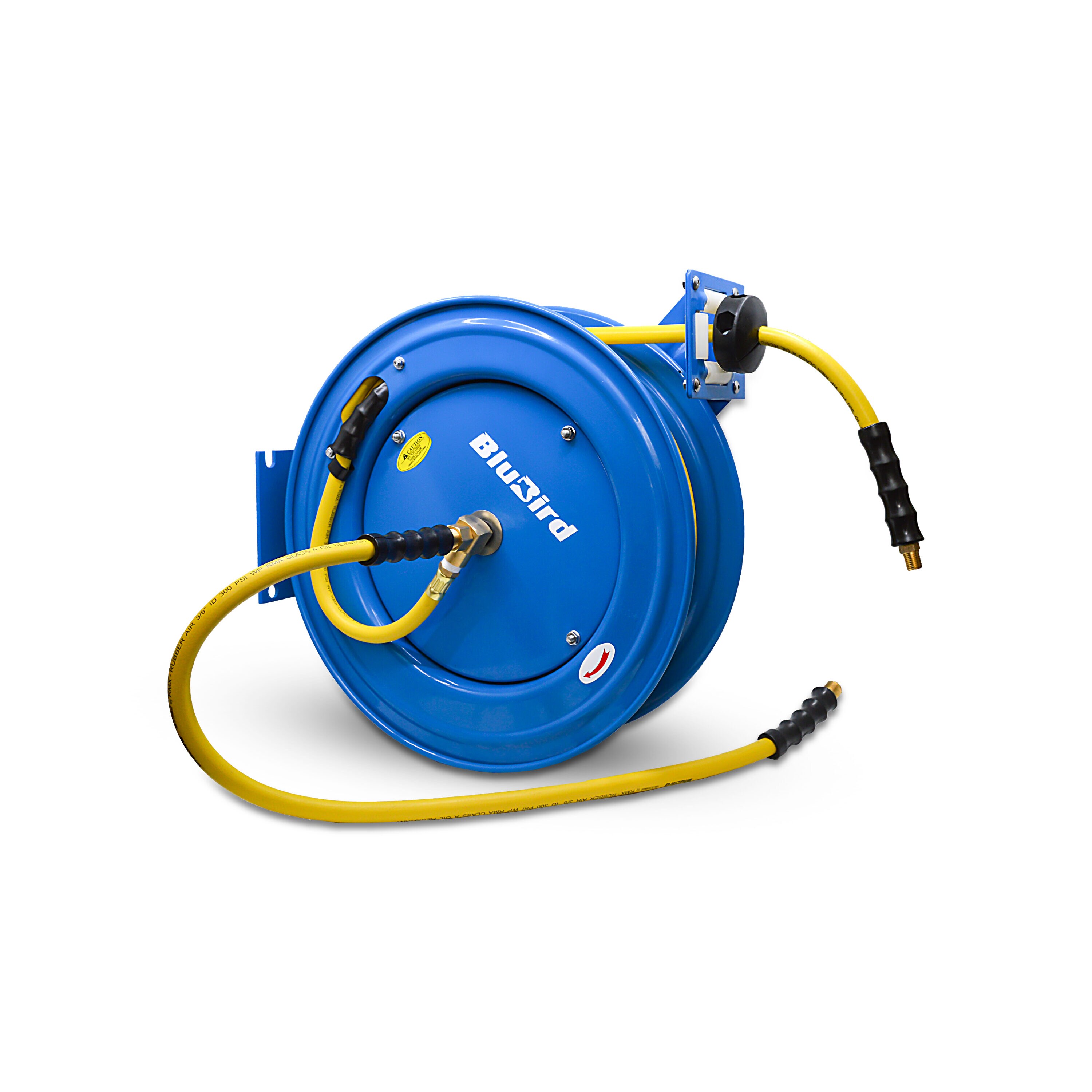 Carrete de manguera de aire retráctil resistente Oil Shield con manguera de aire de goma Clase-A de 3/8 pulgadas x 50 pies, manguera de arranque de 3 pies, brazo único OSRHD3850.