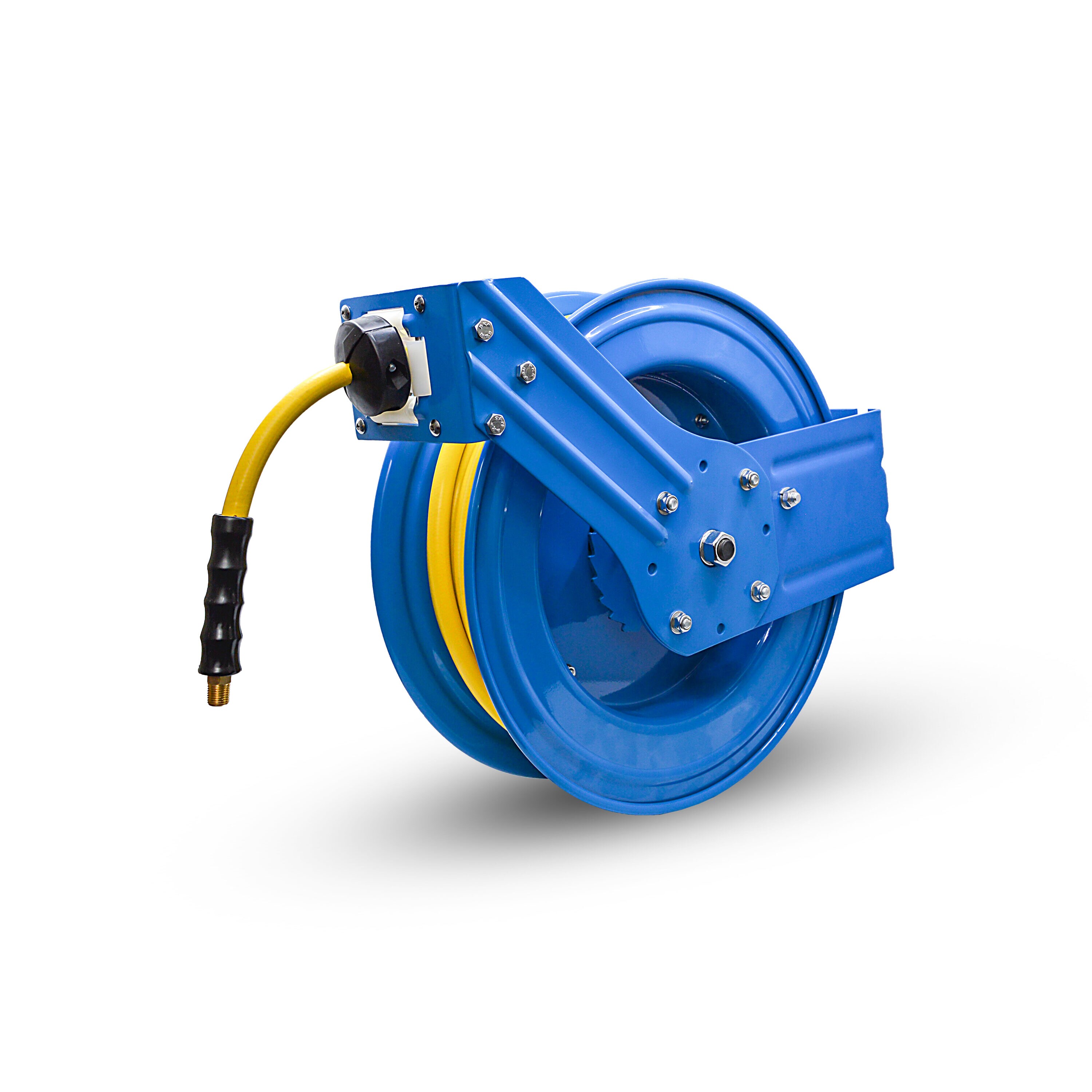 Carrete de manguera de aire retráctil resistente Oil Shield con manguera de aire de goma Clase-A de 3/8 pulgadas x 50 pies, manguera de arranque de 3 pies, brazo único OSRHD3850.