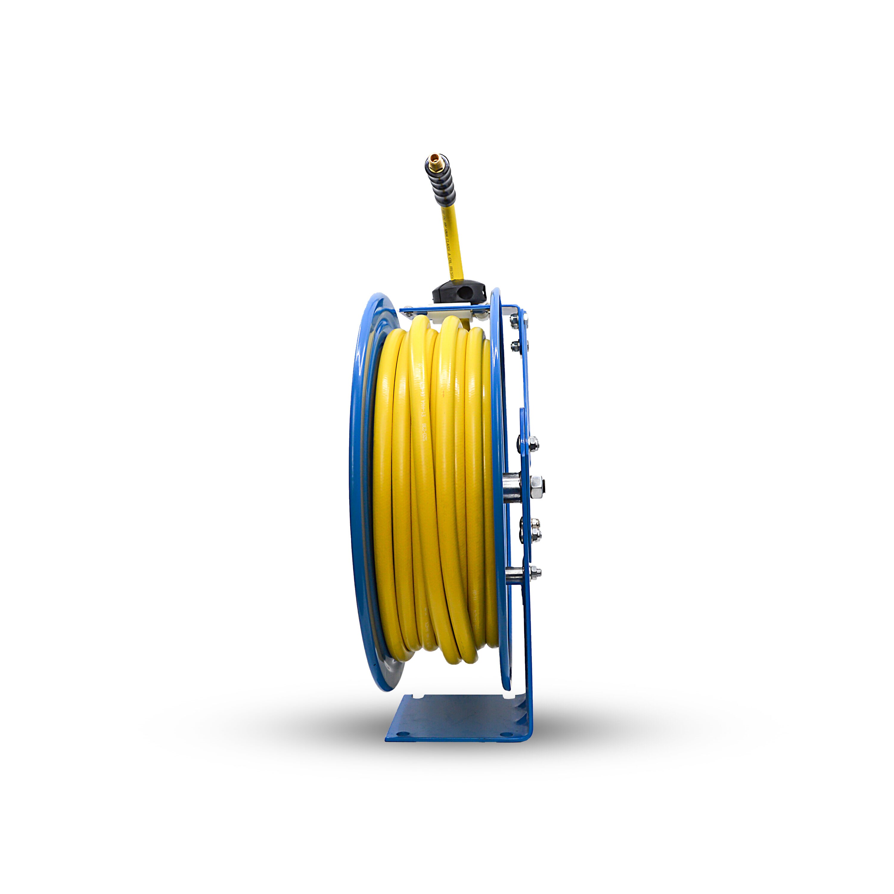 Carrete de manguera de aire retráctil resistente Oil Shield con manguera de aire de goma Clase-A de 3/8 pulgadas x 50 pies, manguera de arranque de 3 pies, brazo único OSRHD3850.