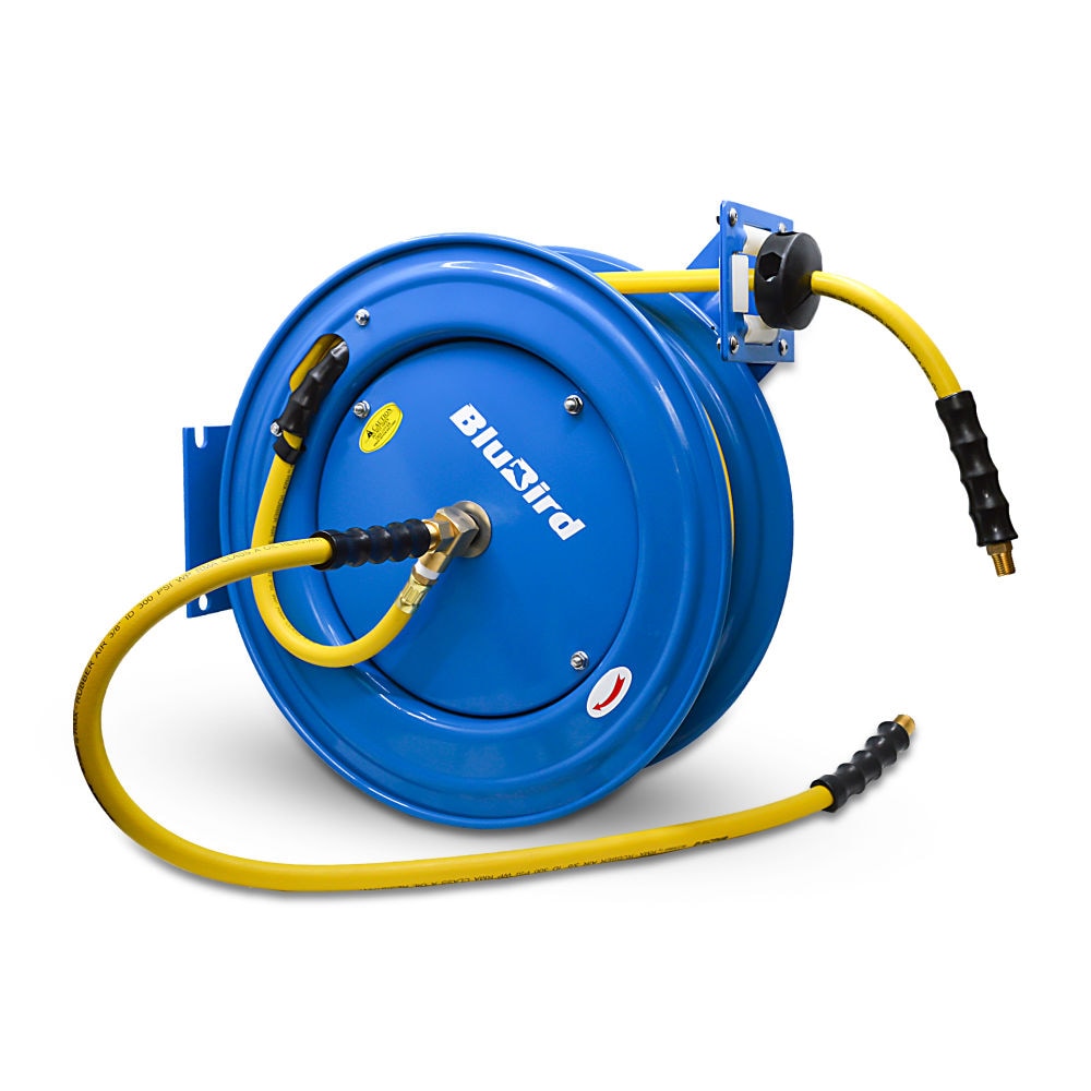 Carrete de manguera de aire retráctil resistente OIL SHIELD con manguera de aire de caucho Clase-A de 1/2 pulgadas por 50 pies, manguera de conexión de 3 pies, brazo individual OSRHD1250