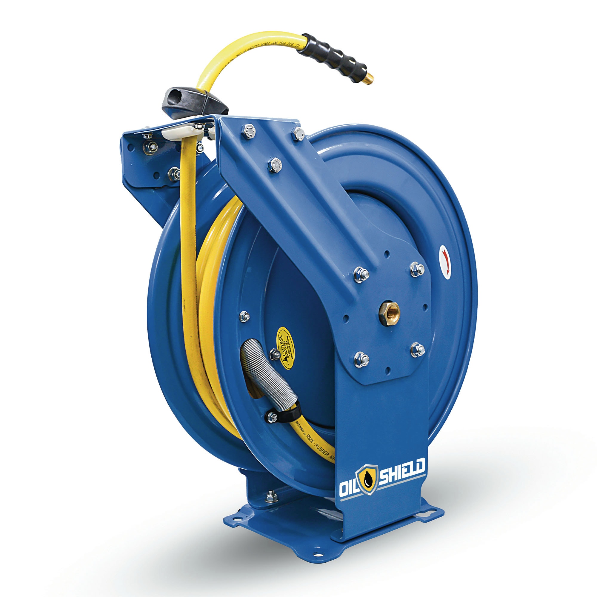 Reel de manguera de aire retráctil resistente con manguera de aire de goma Clase A de 1/2 pulg. x 50 pies, manguera de entrada de 3 pies, brazo dual OSRDA1250 de OIL SHIELD