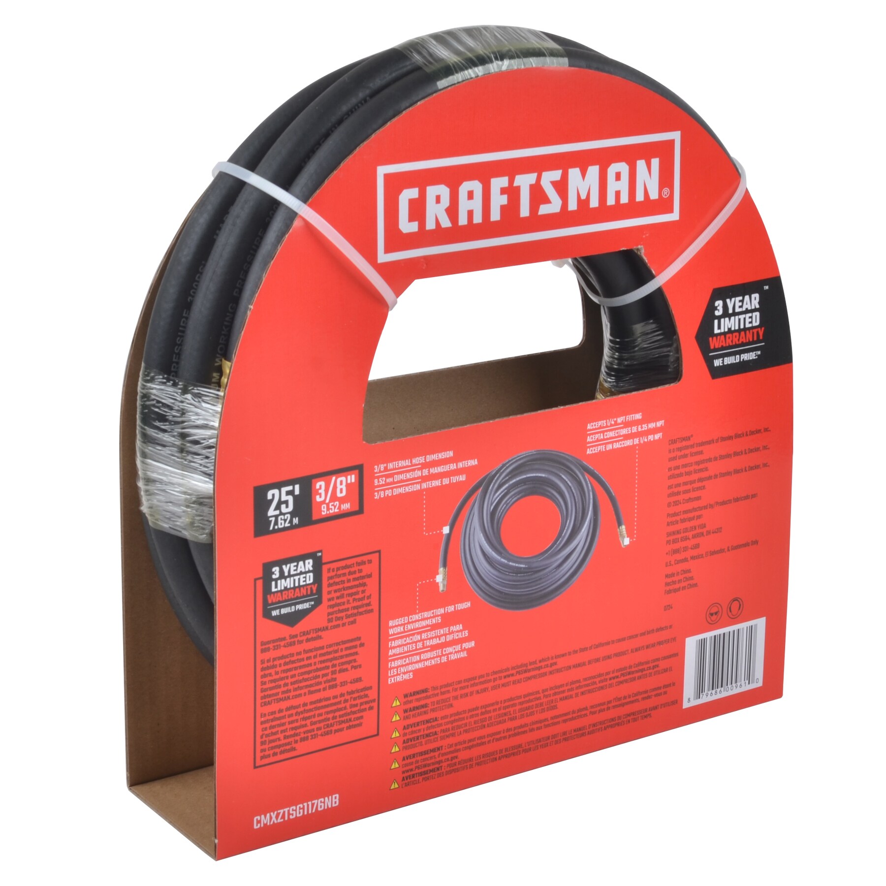 Manguera de aire de caucho de 3/8 pulgadas x 25 pies Craftman CMXZTSG1176NB