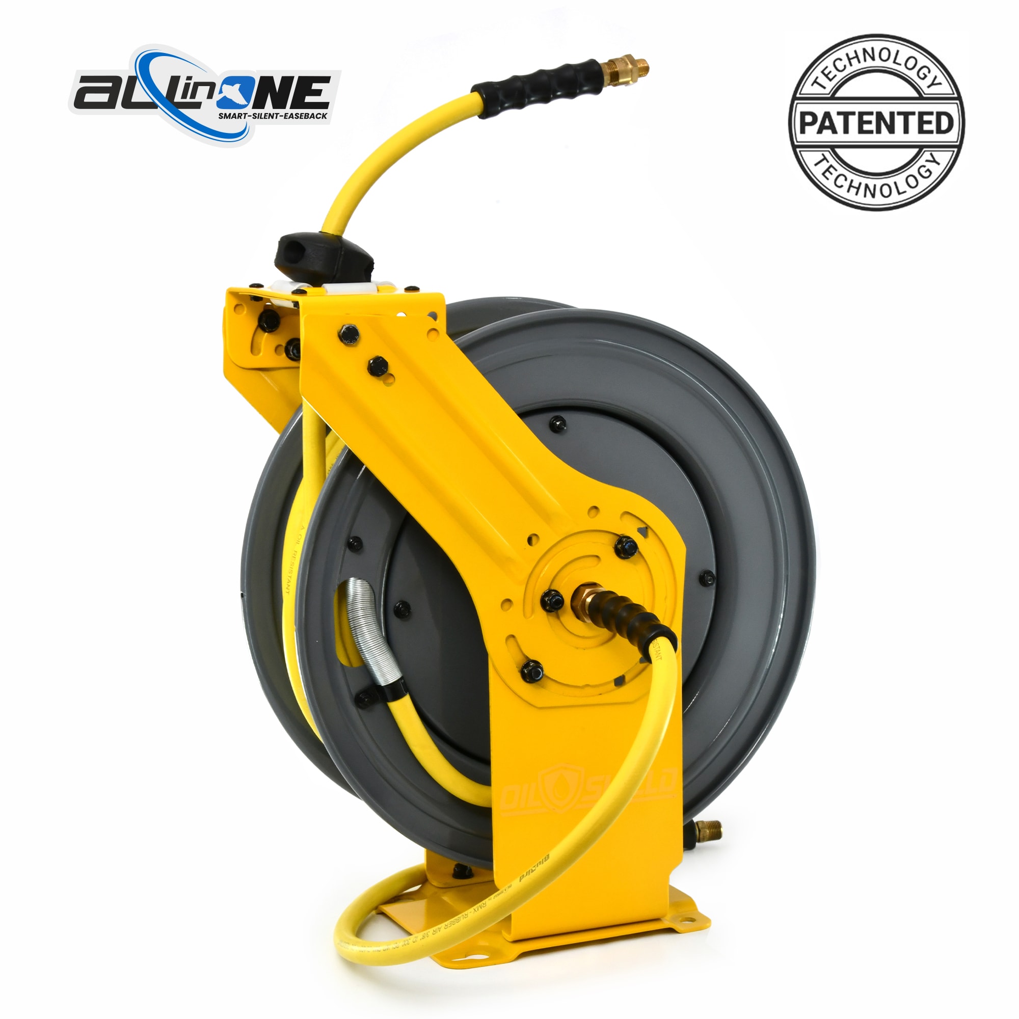 Carrete de manguera de aire retráctil lento OilShield 1/2 pulgadas x 50 pies de doble brazo OSRDA1250-AIO con protector de aceite
