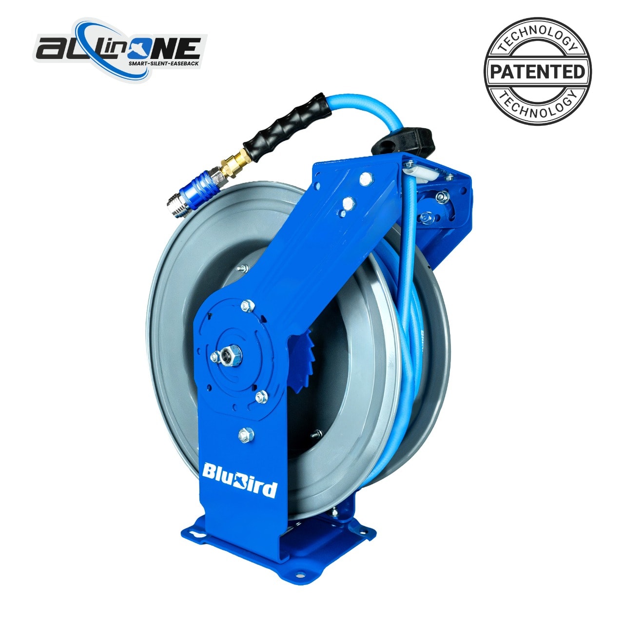 Carrete retráctil de manguera de aire BluBird Slow de 1/2 pulgadas x 50 pies con brazo doble BBRDA1250-AIO