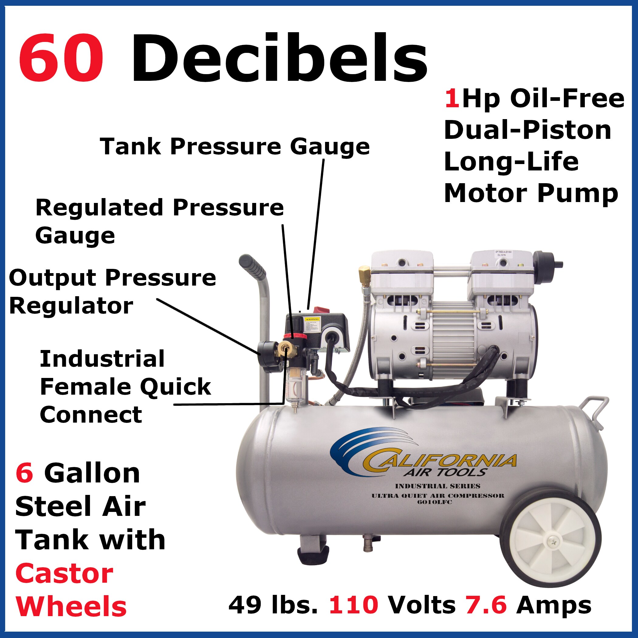 Compresor de aire eléctrico portátil horizontal de 6 galones y 125 PSI de California Air Tools CAT-6010LFC.