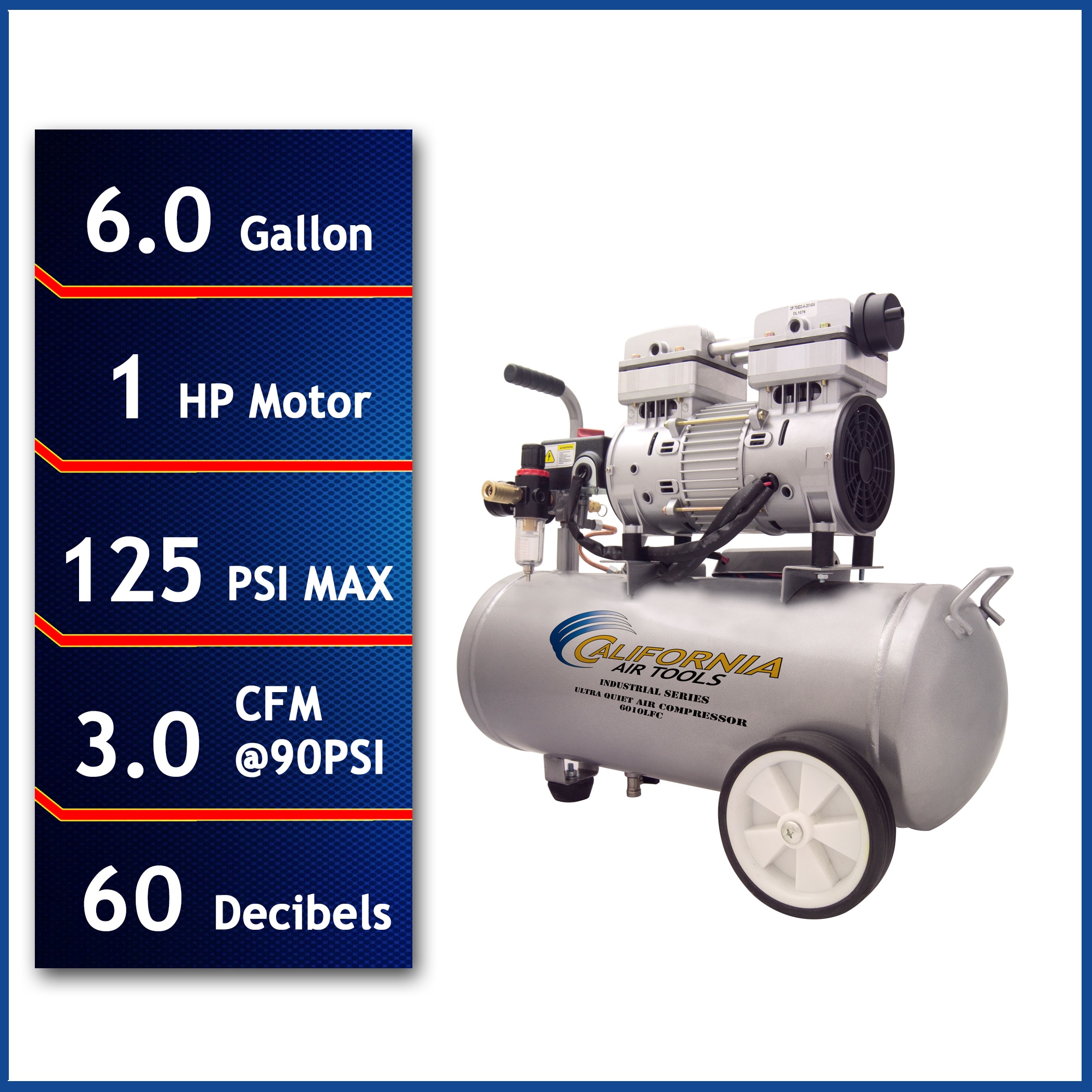 Compresor de aire eléctrico portátil horizontal de 6 galones y 125 PSI de California Air Tools CAT-6010LFC.