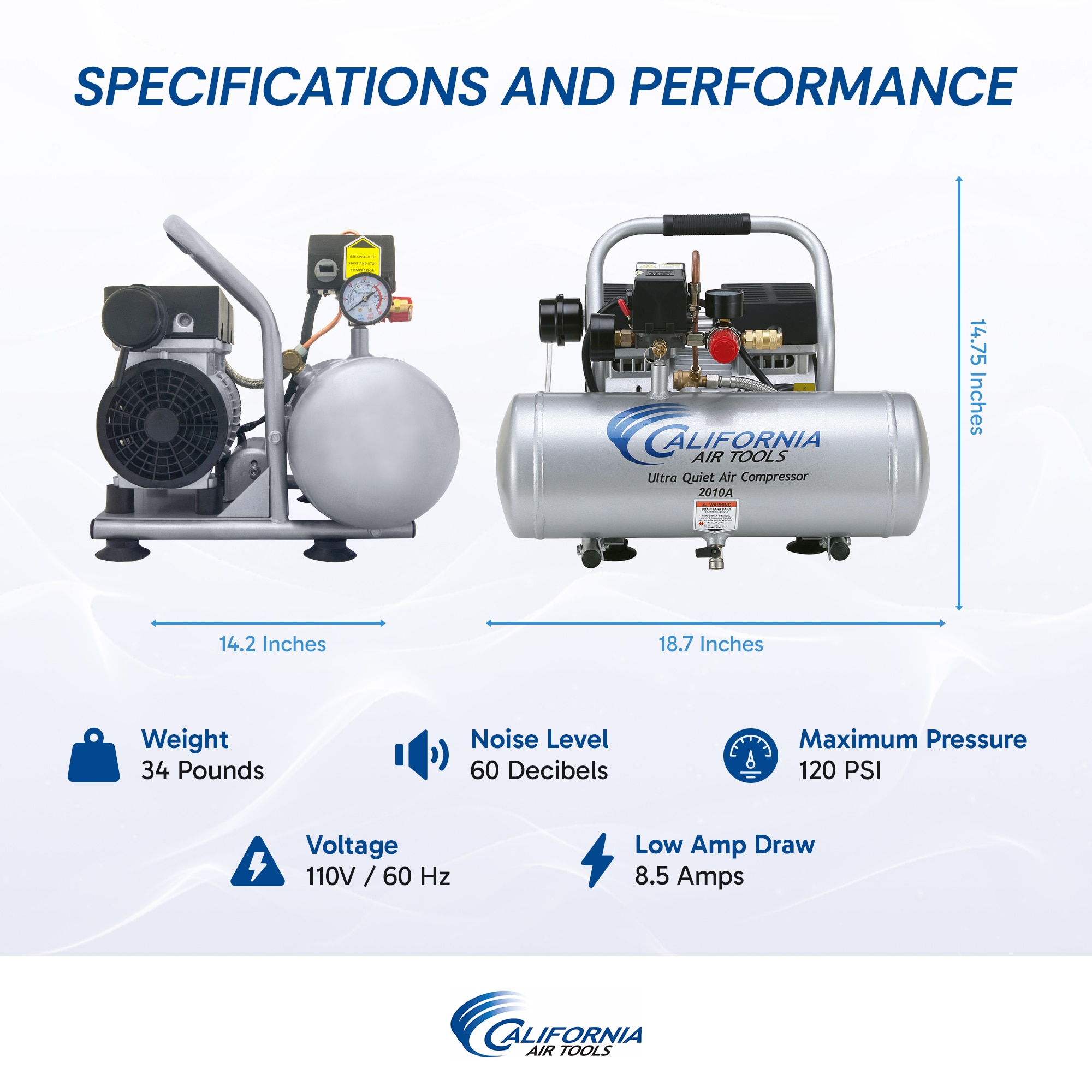 Compresor de aire horizontal eléctrico de 2 galones y 120 PSI de California Air Tools CAT-2010A.