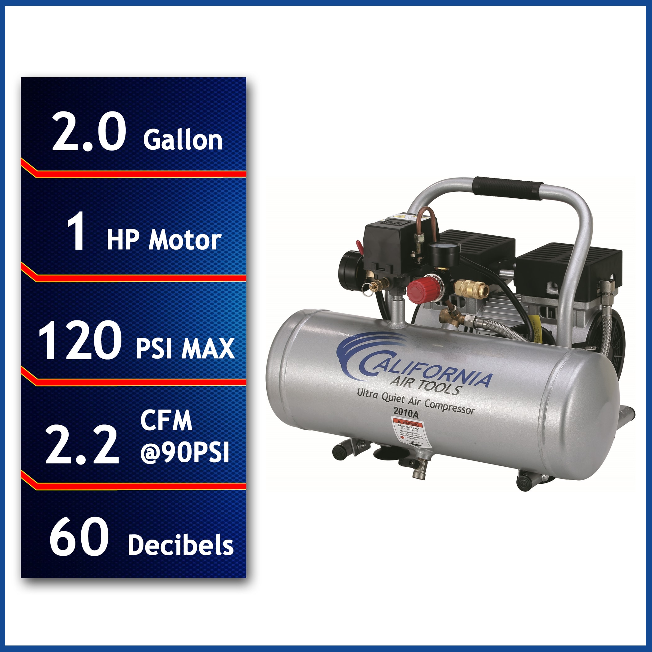 Compresor de aire horizontal eléctrico de 2 galones y 120 PSI de California Air Tools CAT-2010A.