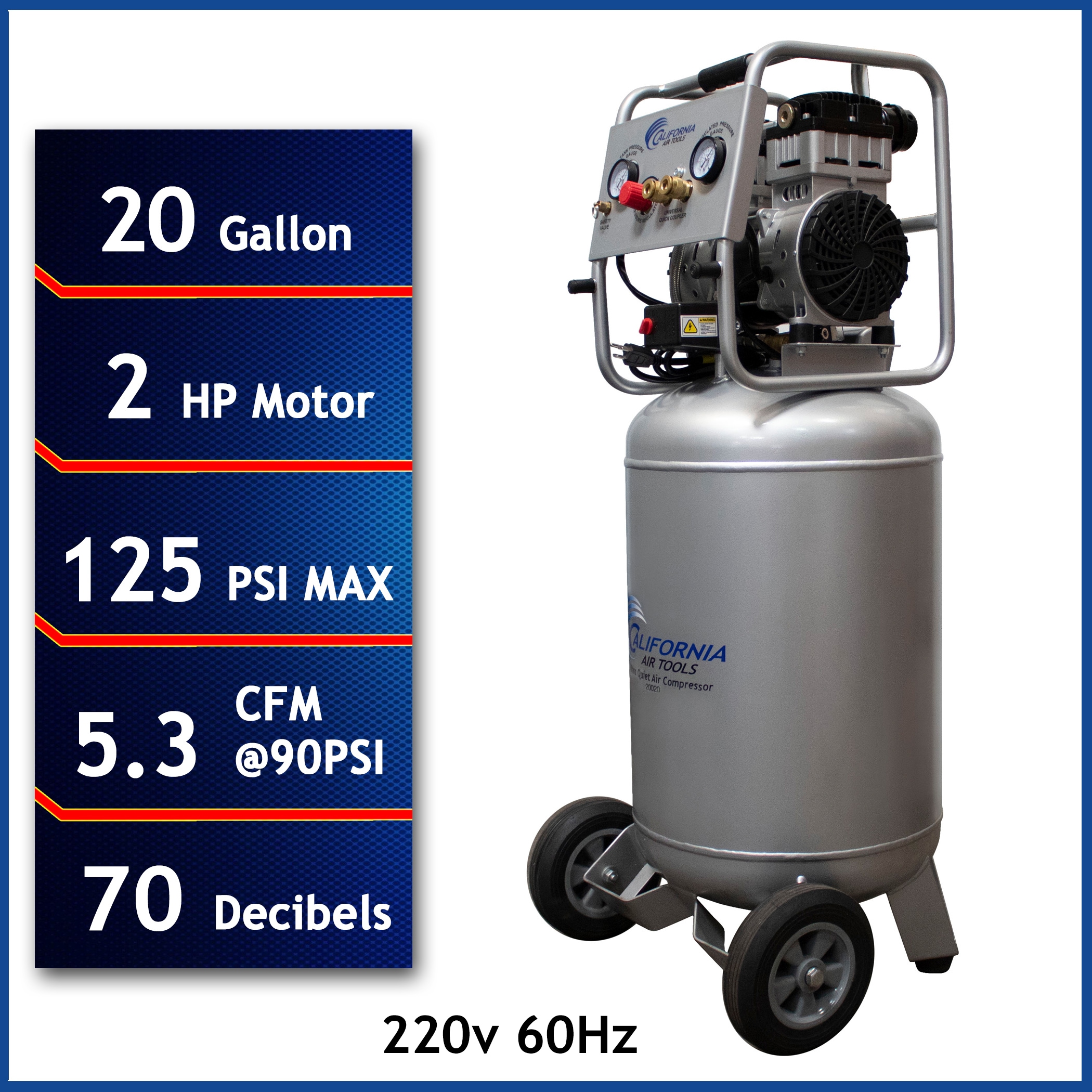 Compresor de aire vertical portátil de 20 galones y 125 PSI de California Air Tools