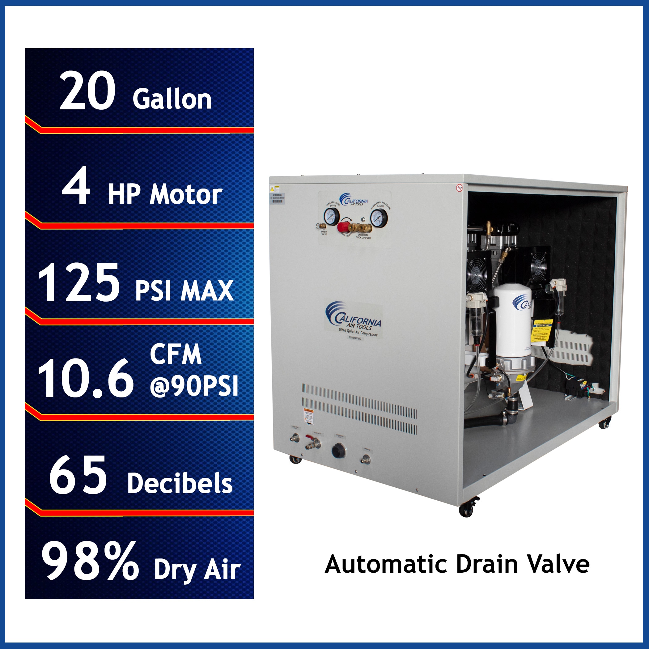 Compresor de aire horizontal portátil eléctrico de 20 galones con 130 PSI de California Air Tools