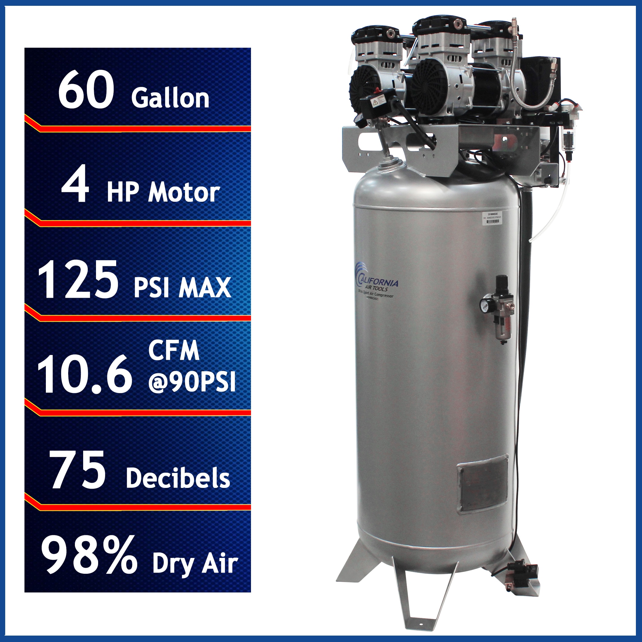 Compresor de Aire Vertical Eléctrico Portátil de 60 Galones y 125 PSI de California Air Tools