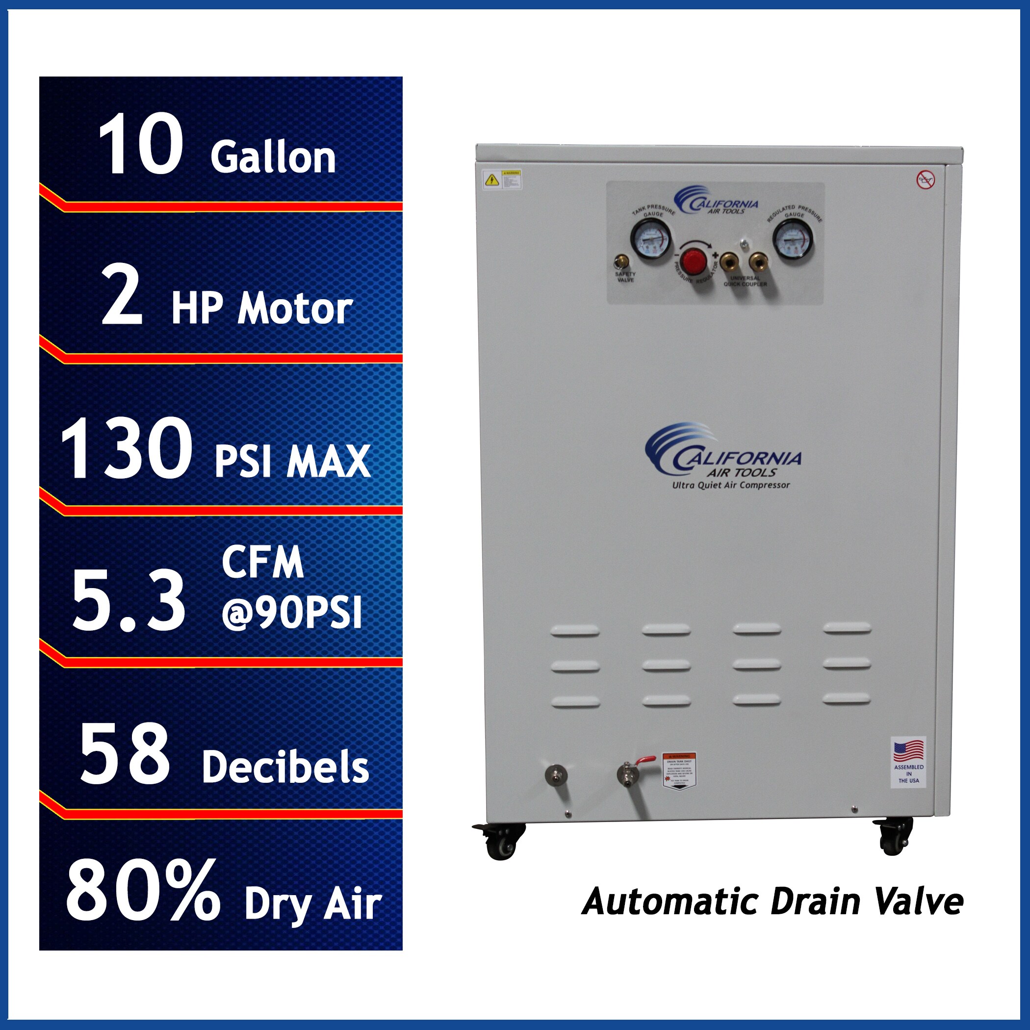 Compresor de aire horizontal eléctrico portátil de 10 galones California Air Tools 130 PSI 10020DSPCAD