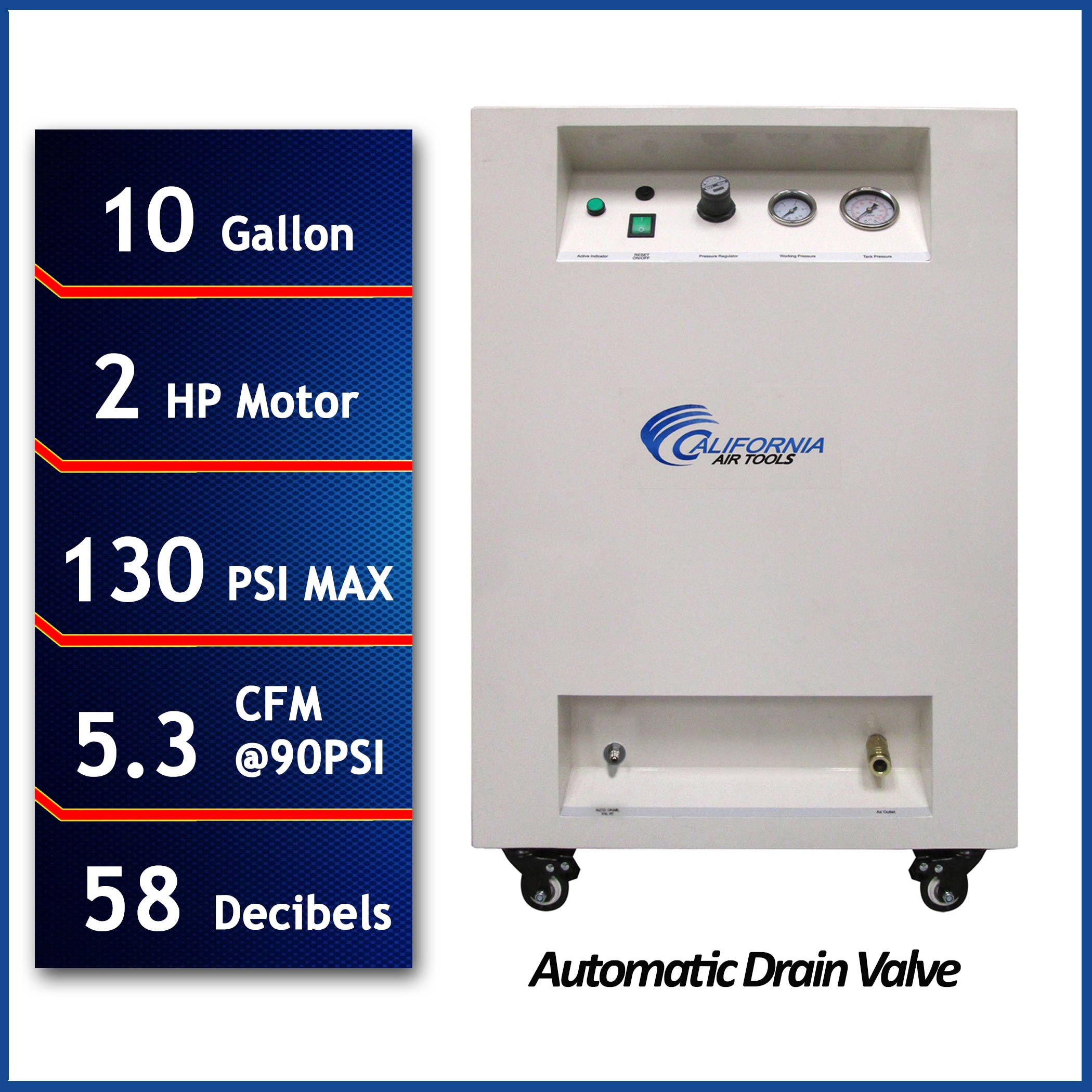 Compresor de aire horizontal portátil de 10 galones eléctrico California Air Tools 130 PSI 10020SPCAD