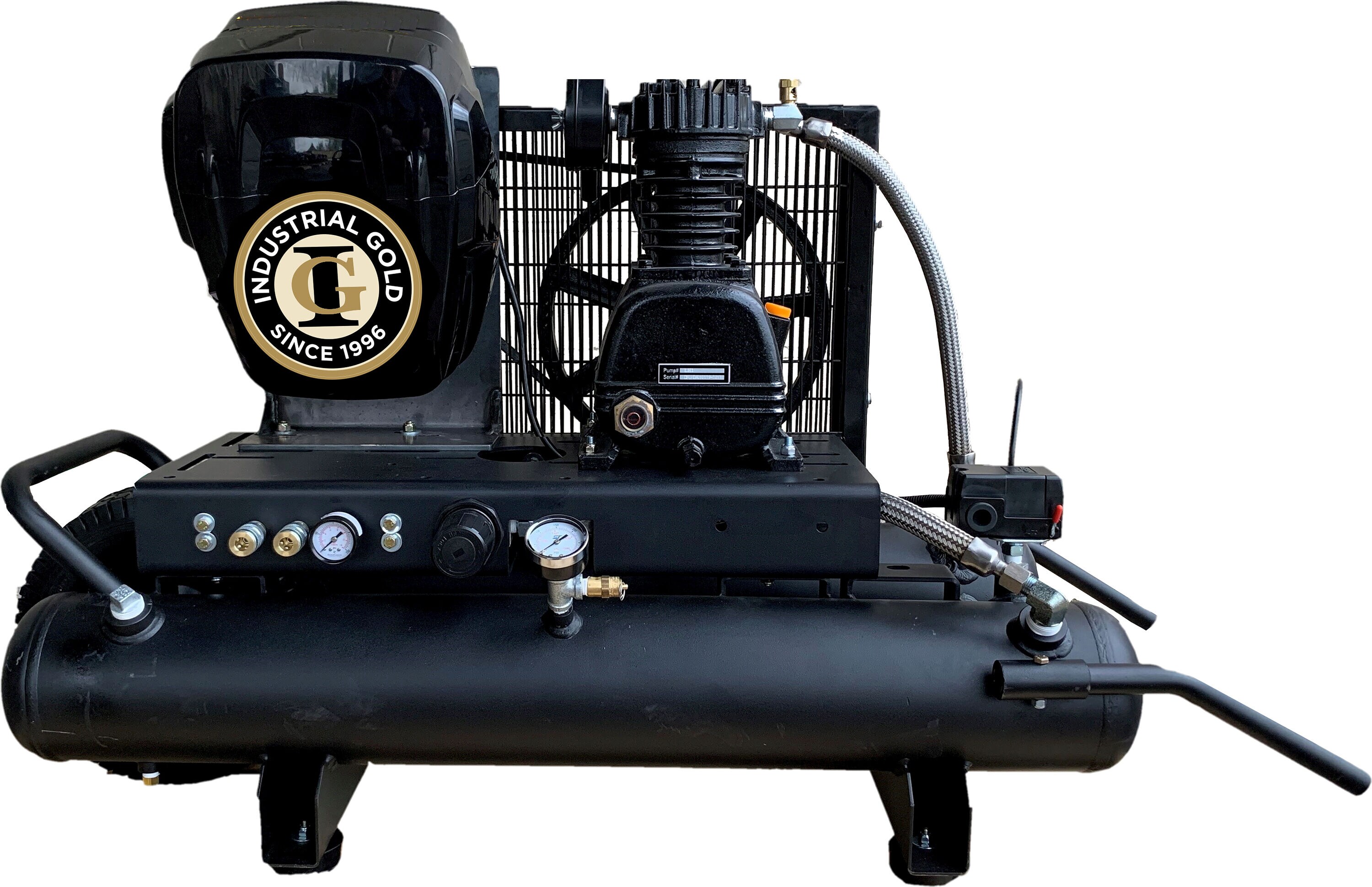 Carretilla de ruedas con batería INDUSTRIAL GOLD de 10 galones, compresor de aire horizontal portátil eléctrico inalámbrico de 125 PSI P25EBP11